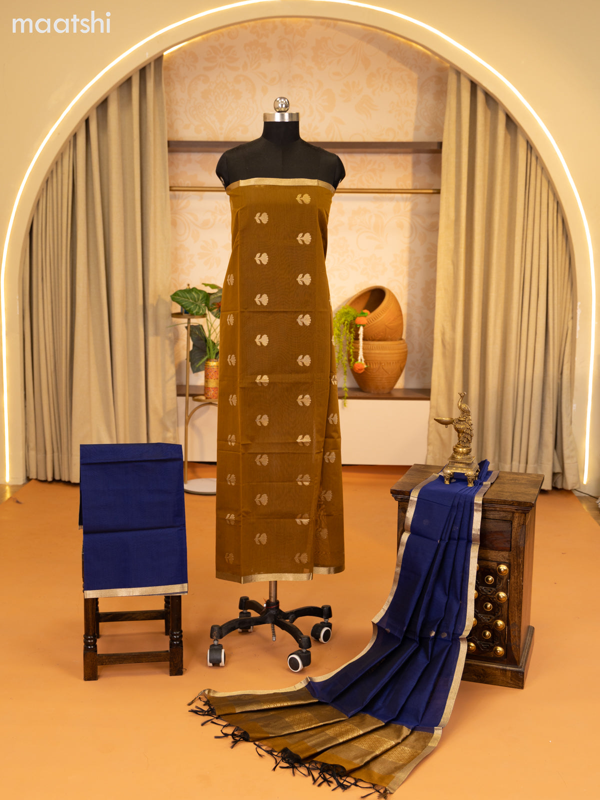 Brown and Navy Blue Semi Silk Cotton Dress Material With Zari Buttas and Bottom & Zari Dupatta