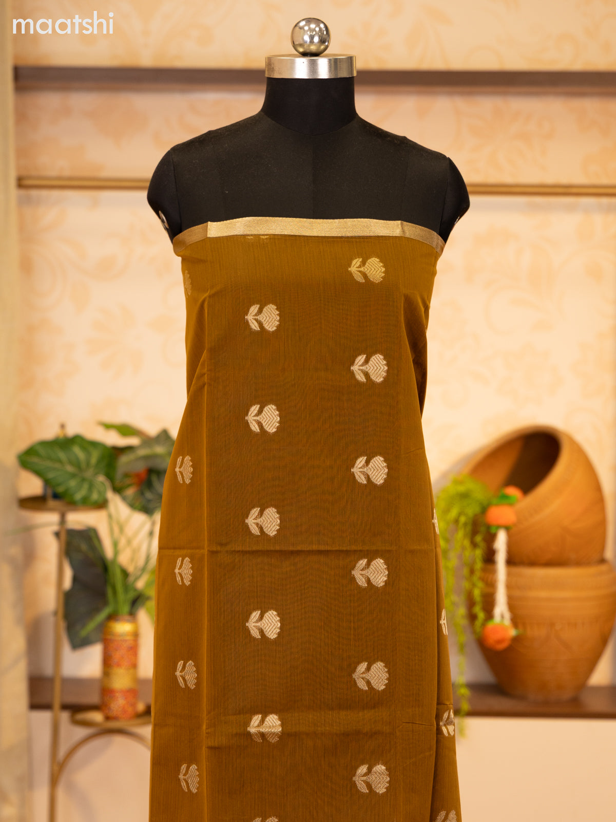 Brown and Navy Blue Semi Silk Cotton Dress Material With Zari Buttas and Bottom & Zari Dupatta