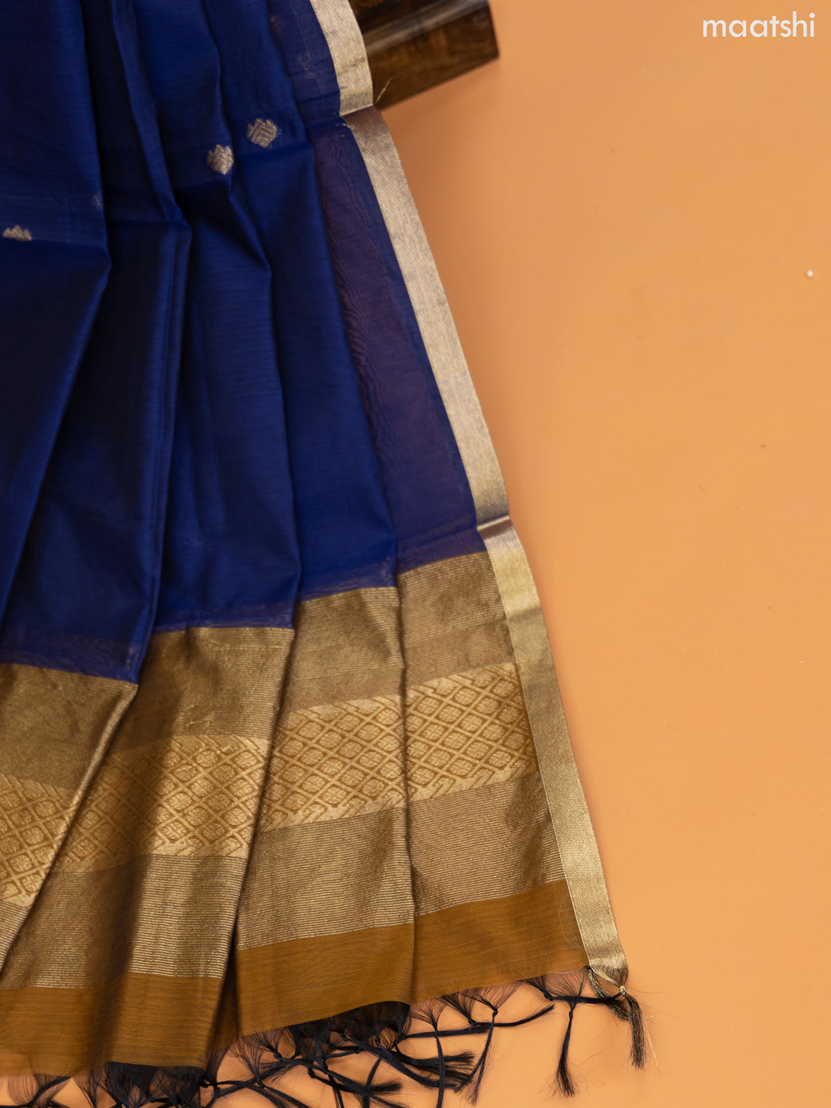 Brown and Navy Blue Semi Silk Cotton Dress Material With Zari Buttas and Bottom & Zari Dupatta