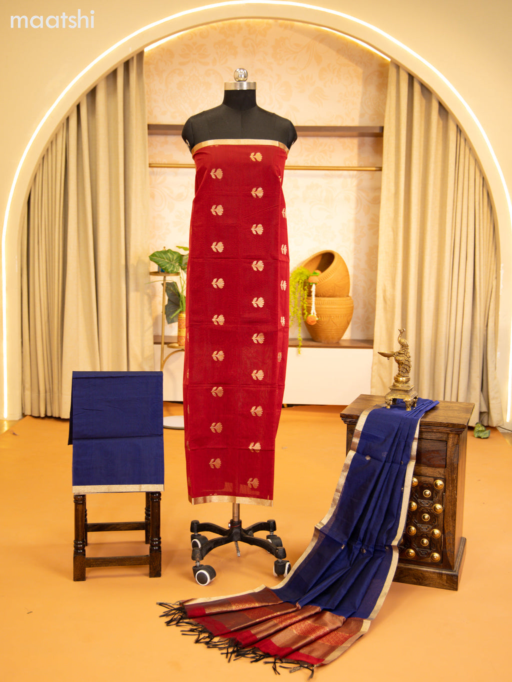 Ruby Red and Navy Blue Semi Silk Cotton Dress Material With Zari Buttas and Bottom & Zari Dupatta