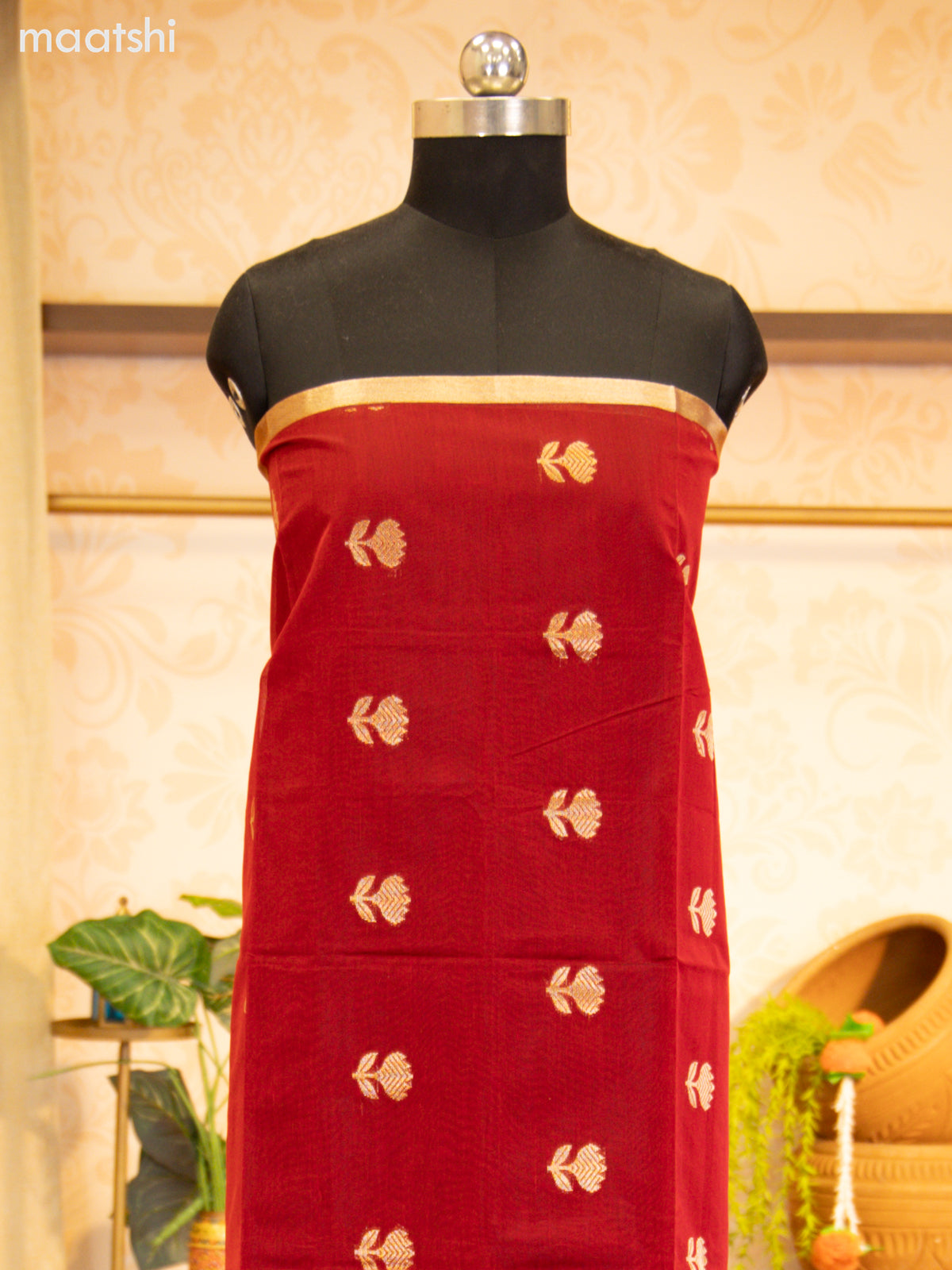 Ruby Red and Navy Blue Semi Silk Cotton Dress Material With Zari Buttas and Bottom & Zari Dupatta