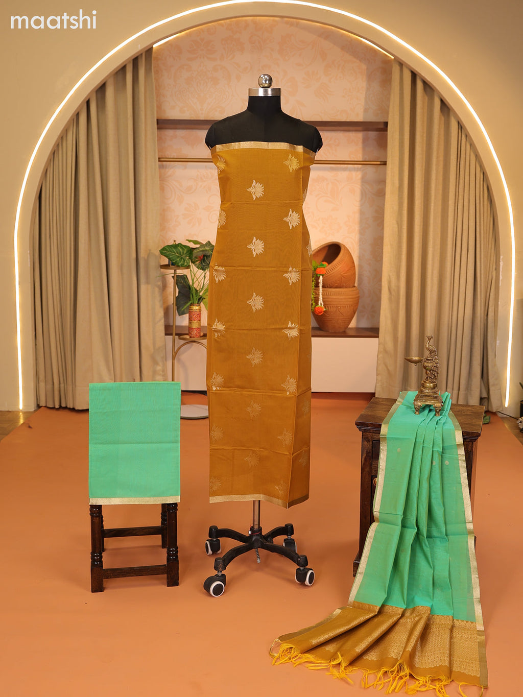 Mustard Yellow and Dual Shade Of Magenta Pink Semi Silk Cotton Dress Material With Zari Buttas and Bottom & Zari Dupatta