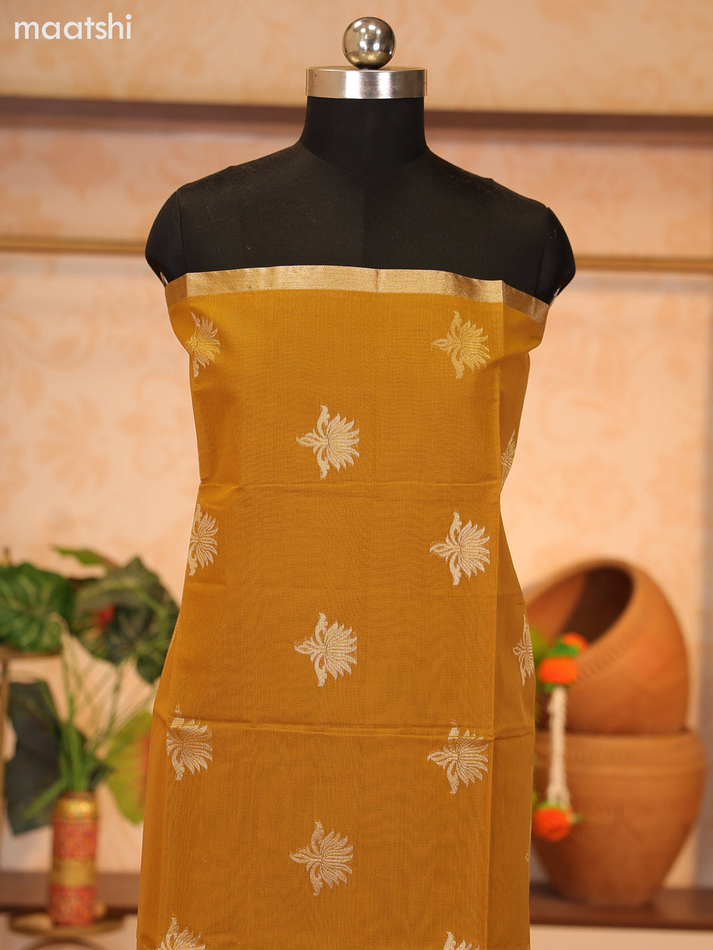 Mustard Yellow and Dual Shade Of Magenta Pink Semi Silk Cotton Dress Material With Zari Buttas and Bottom & Zari Dupatta