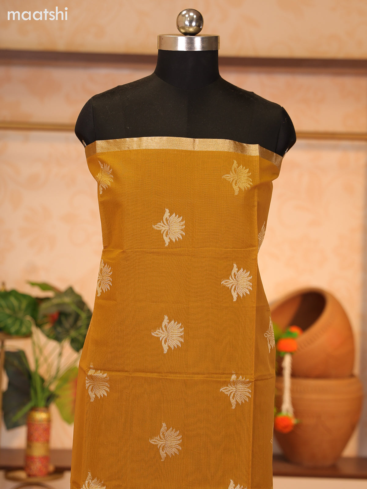 Mustard Yellow and Dual Shade Of Magenta Pink Semi Silk Cotton Dress Material With Zari Buttas and Bottom & Zari Dupatta