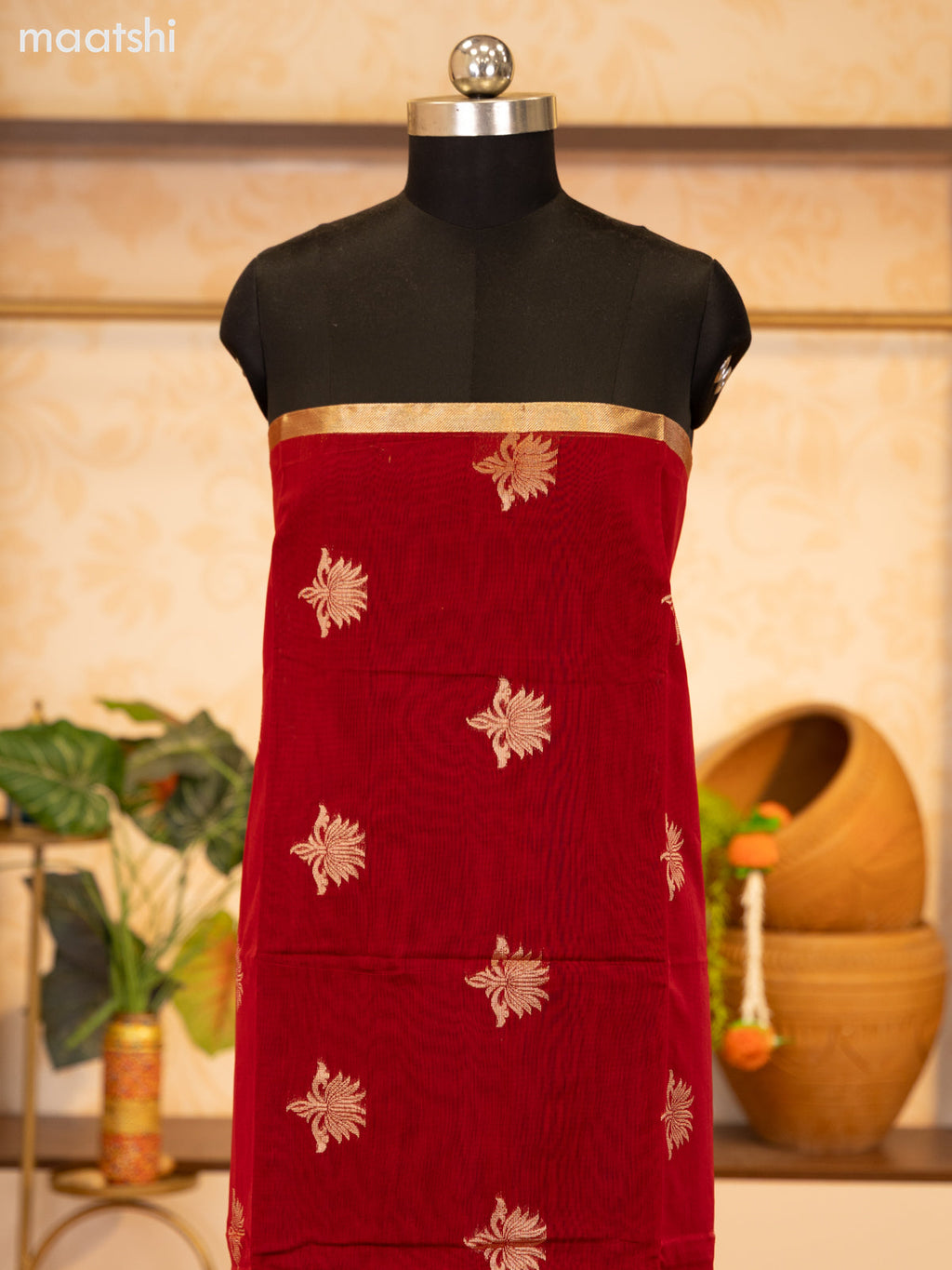 Maroon and Green Semi Silk Cotton Dress Material With Zari Buttas and Bottom & Zari Dupatta