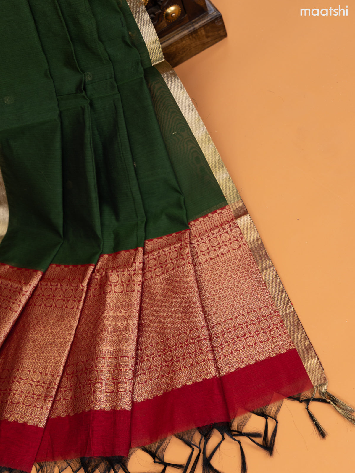 Maroon and Green Semi Silk Cotton Dress Material With Zari Buttas and Bottom & Zari Dupatta