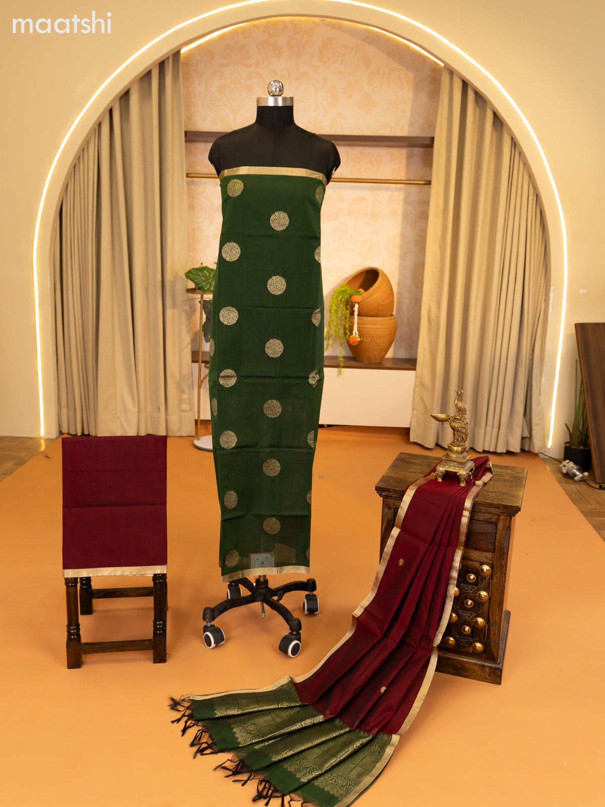 Green and Maroon Semi Silk Cotton Dress Material With Zari Buttas and Bottom & Zari Dupatta