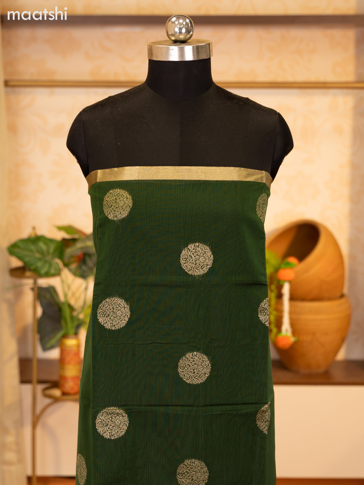 Green and Maroon Semi Silk Cotton Dress Material With Zari Buttas and Bottom & Zari Dupatta