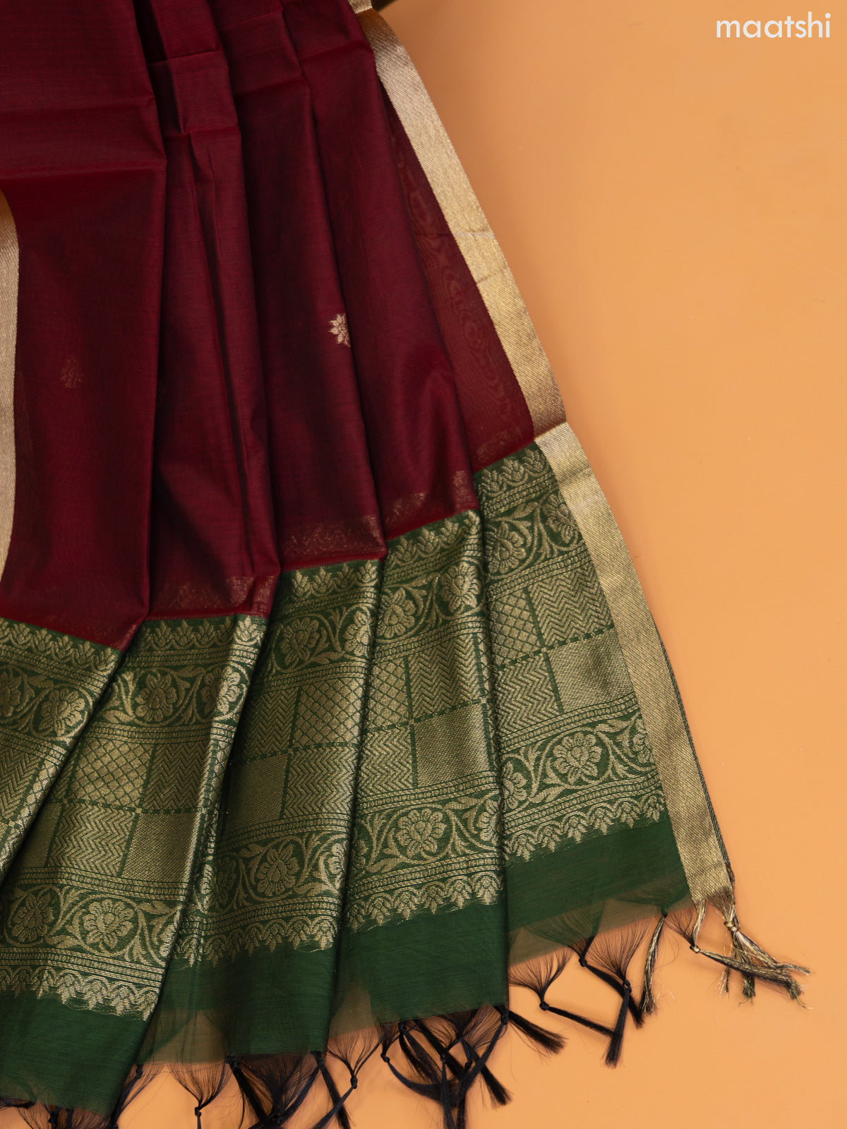 Green and Maroon Semi Silk Cotton Dress Material With Zari Buttas and Bottom & Zari Dupatta