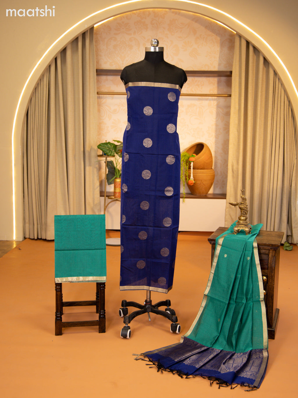 Navy Blue and Green Semi Silk Cotton Dress Material With Zari Buttas and Bottom & Zari Dupatta