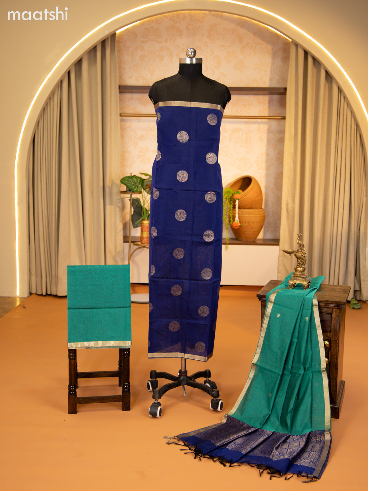Navy Blue and Green Semi Silk Cotton Dress Material With Zari Buttas and Bottom & Zari Dupatta