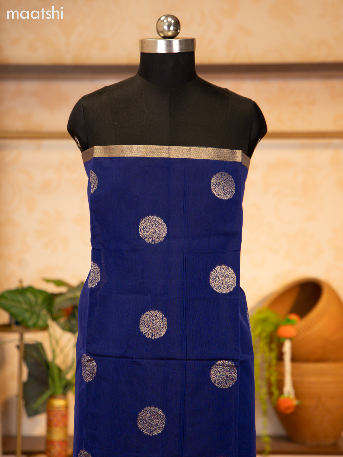 Navy Blue and Green Semi Silk Cotton Dress Material With Zari Buttas and Bottom & Zari Dupatta