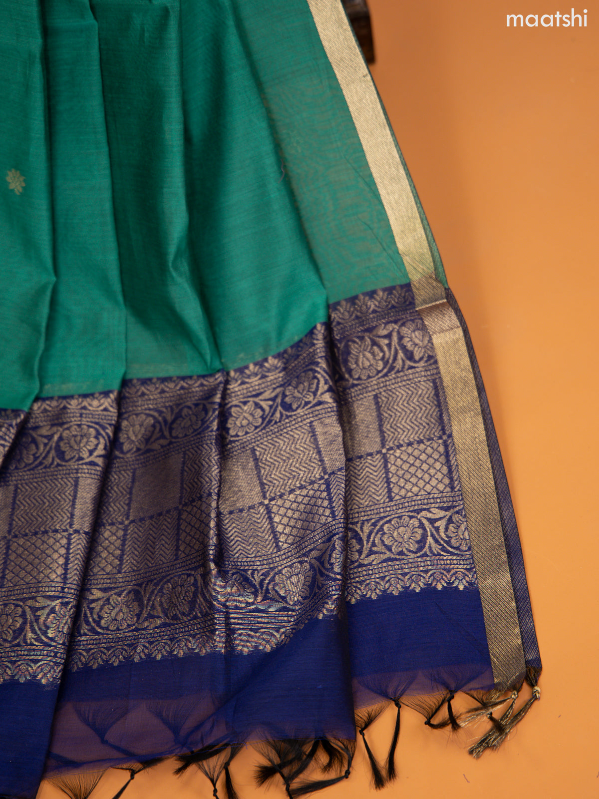 Navy Blue and Green Semi Silk Cotton Dress Material With Zari Buttas and Bottom & Zari Dupatta