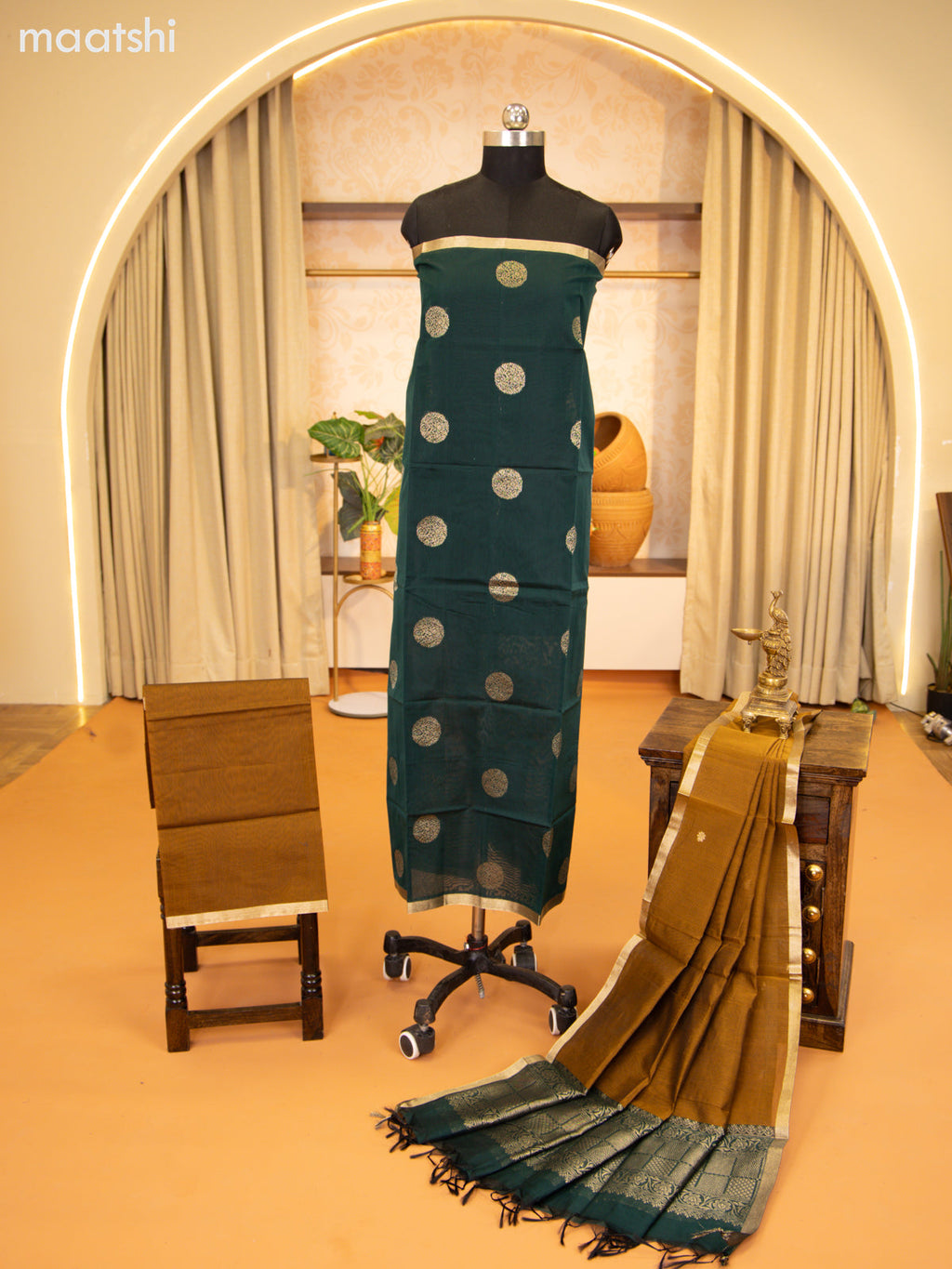 Dark Green and Dark Mustard Semi Silk Cotton Dress Material With Zari Buttas and Bottom & Zari Dupatta
