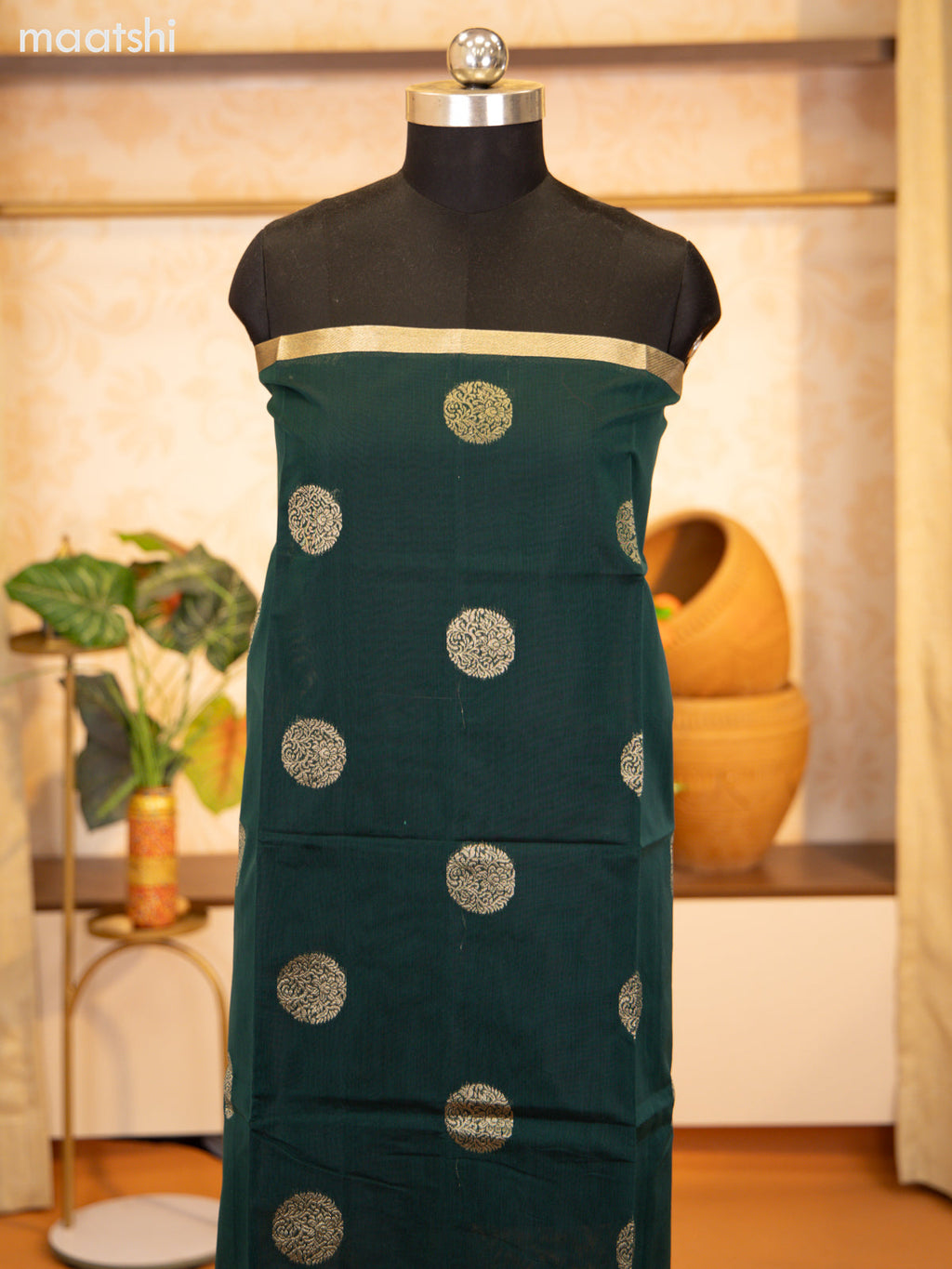 Dark Green and Dark Mustard Semi Silk Cotton Dress Material With Zari Buttas and Bottom & Zari Dupatta