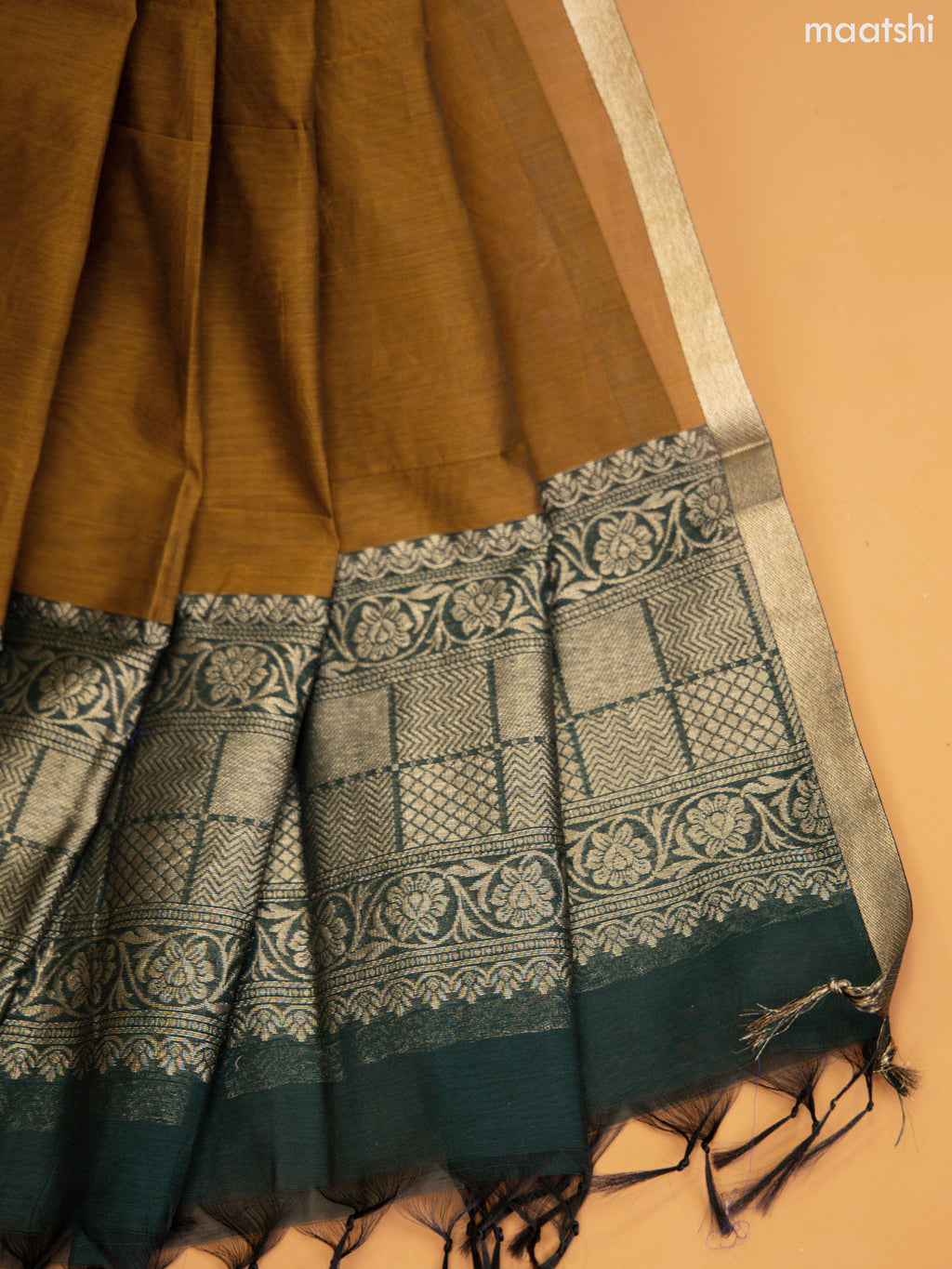 Dark Green and Dark Mustard Semi Silk Cotton Dress Material With Zari Buttas and Bottom & Zari Dupatta