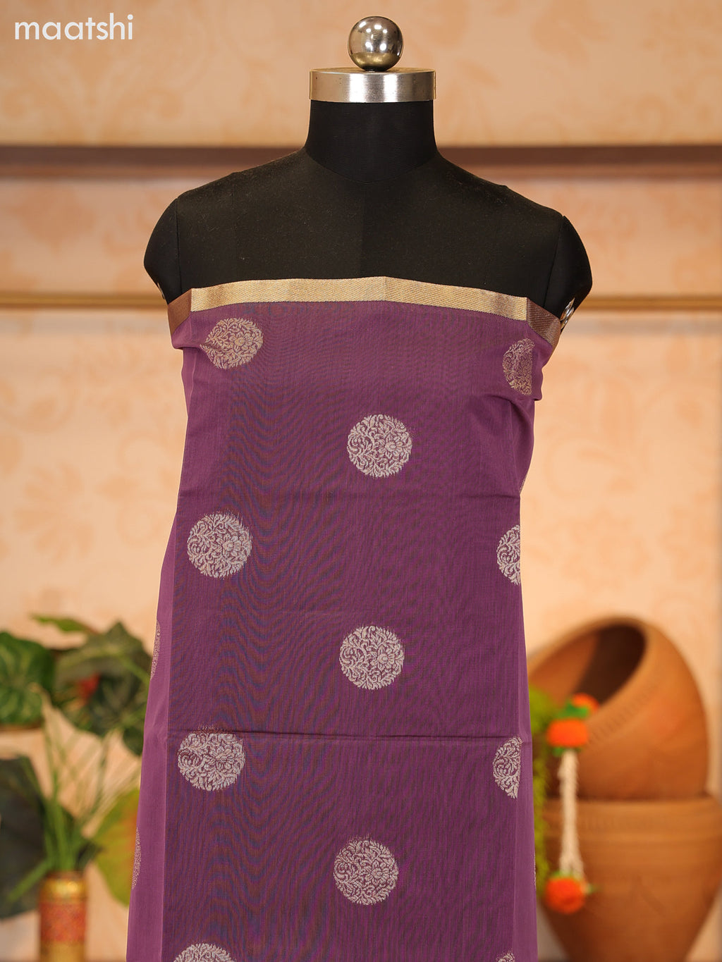 Lavender and Biege Semi Silk Cotton Dress Material With Zari Buttas and Bottom & Zari Dupatta