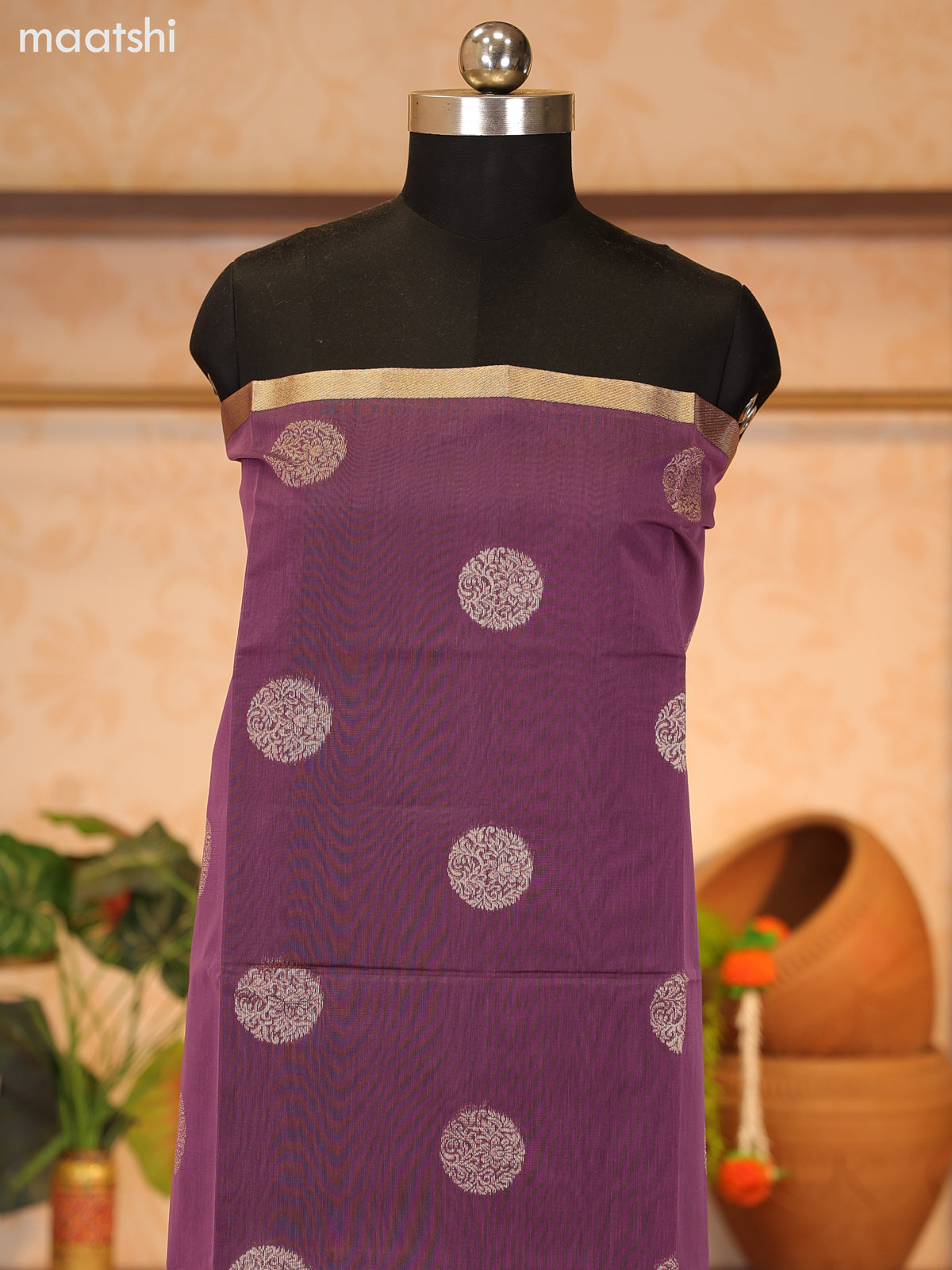 Lavender and Biege Semi Silk Cotton Dress Material With Zari Buttas and Bottom & Zari Dupatta