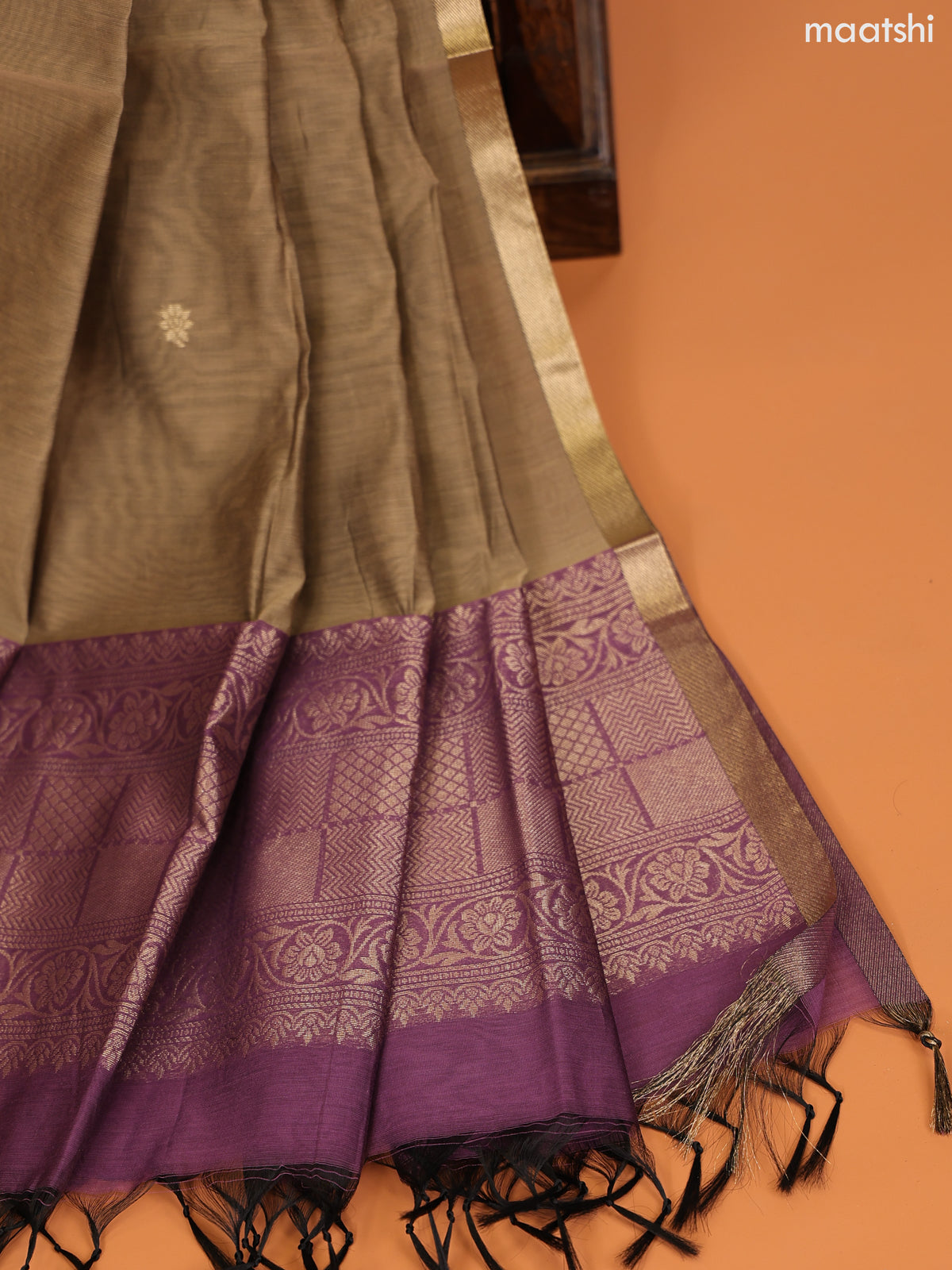 Lavender and Biege Semi Silk Cotton Dress Material With Zari Buttas and Bottom & Zari Dupatta