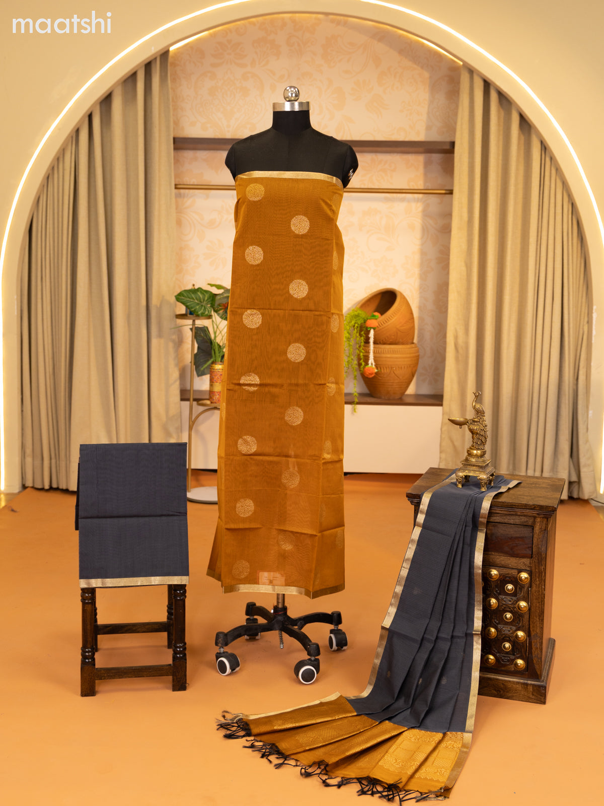 Dark Mustard and Grey Semi Silk Cotton Dress Material With Zari Buttas and Bottom & Zari Dupatta