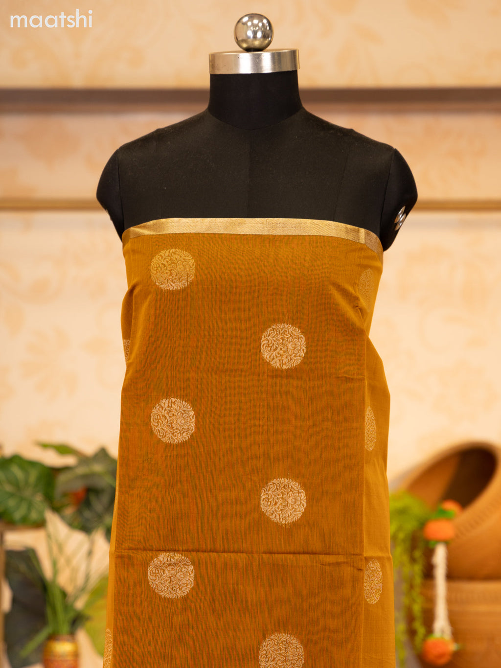 Dark Mustard and Grey Semi Silk Cotton Dress Material With Zari Buttas and Bottom & Zari Dupatta