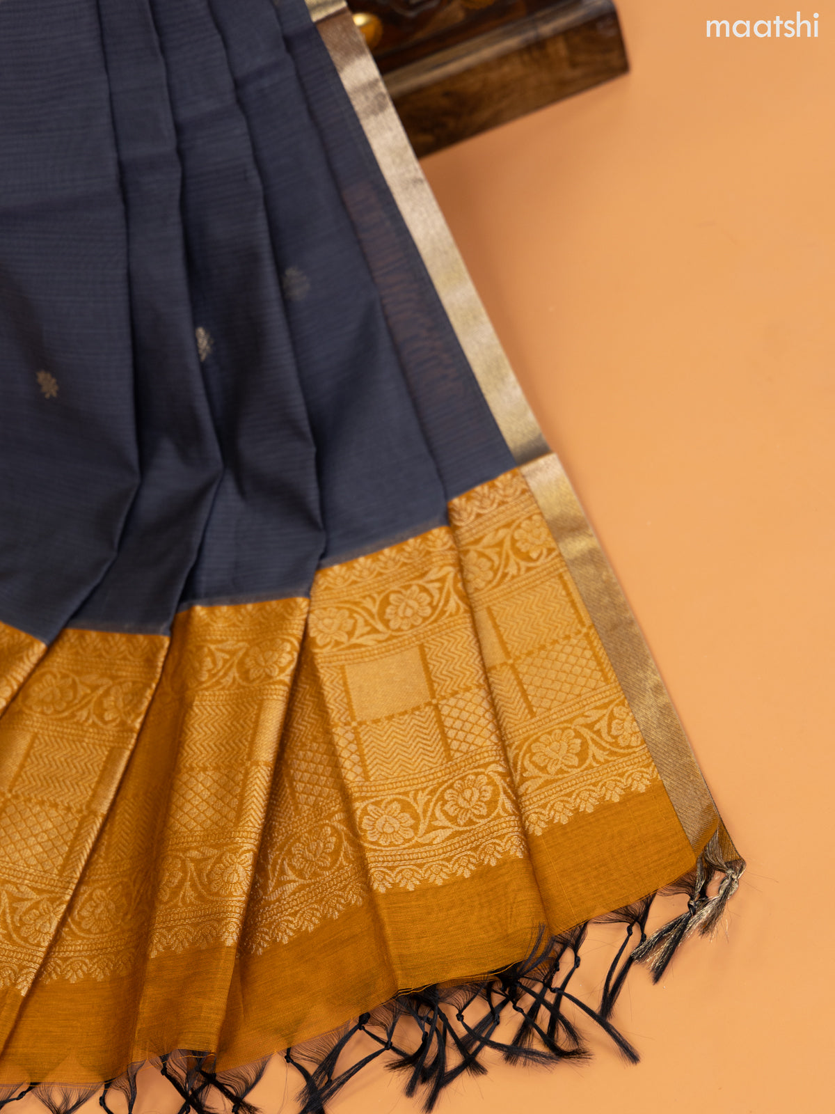 Dark Mustard and Grey Semi Silk Cotton Dress Material With Zari Buttas and Bottom & Zari Dupatta
