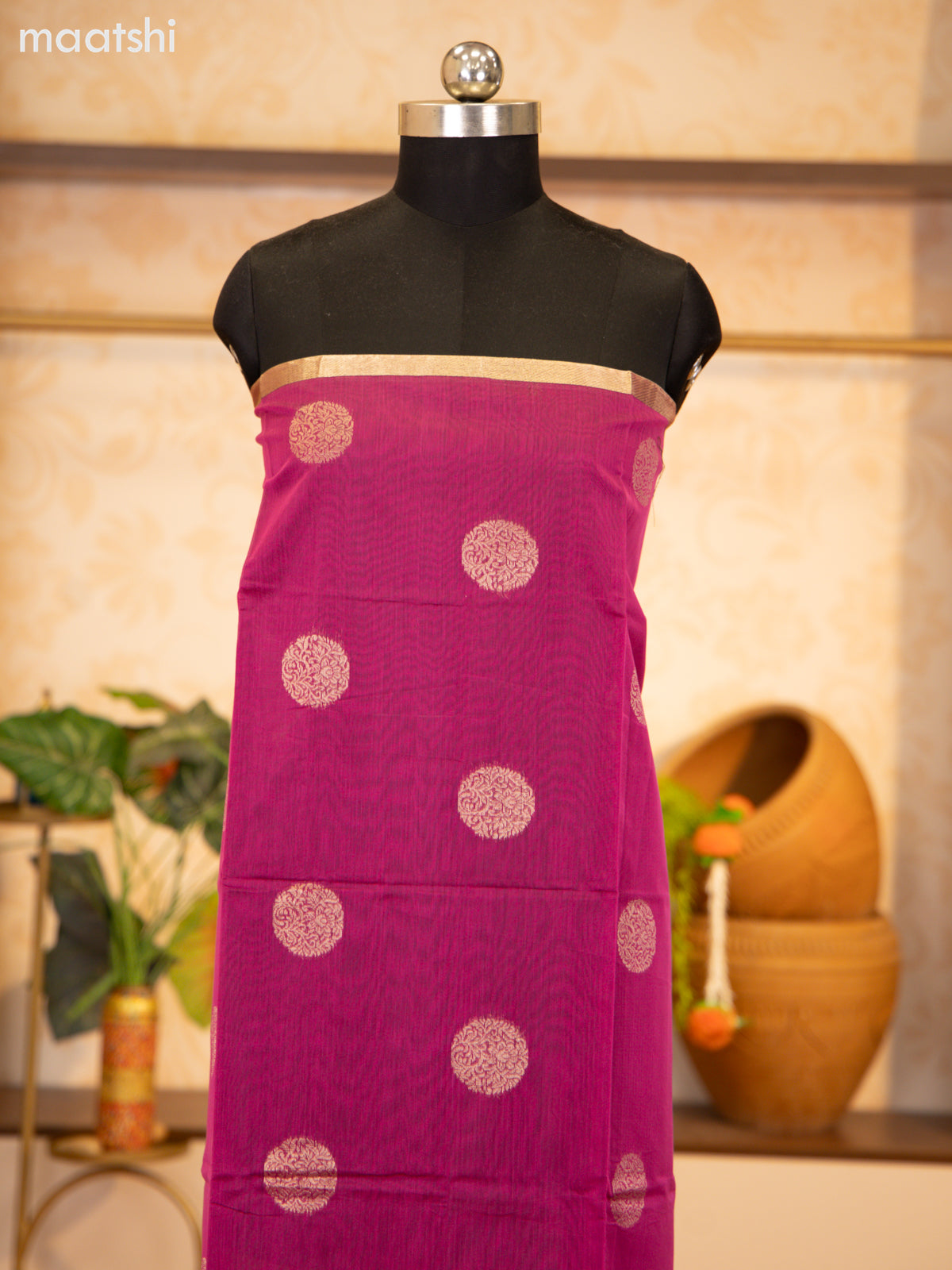 Magenta Pink and Grey Semi Silk Cotton Dress Material With Zari Buttas and Bottom & Zari Dupatta