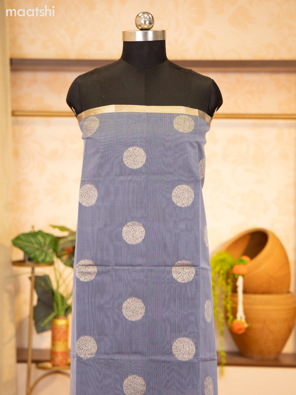 Pastel Grey and Dark Grey Semi Silk Cotton Dress Material With Zari Buttas and Bottom & Zari Dupatta