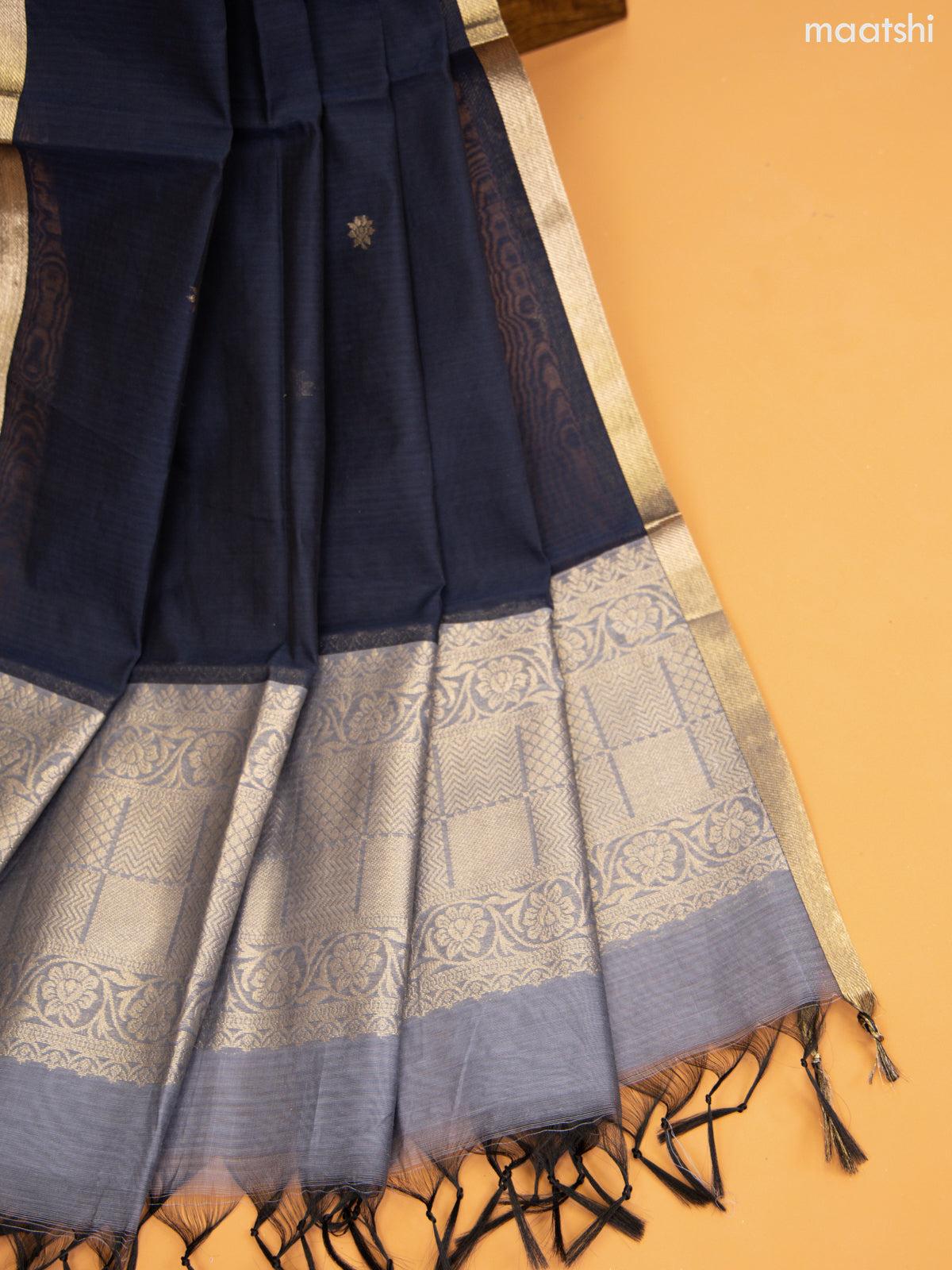 Pastel Grey and Dark Grey Semi Silk Cotton Dress Material With Zari Buttas and Bottom & Zari Dupatta