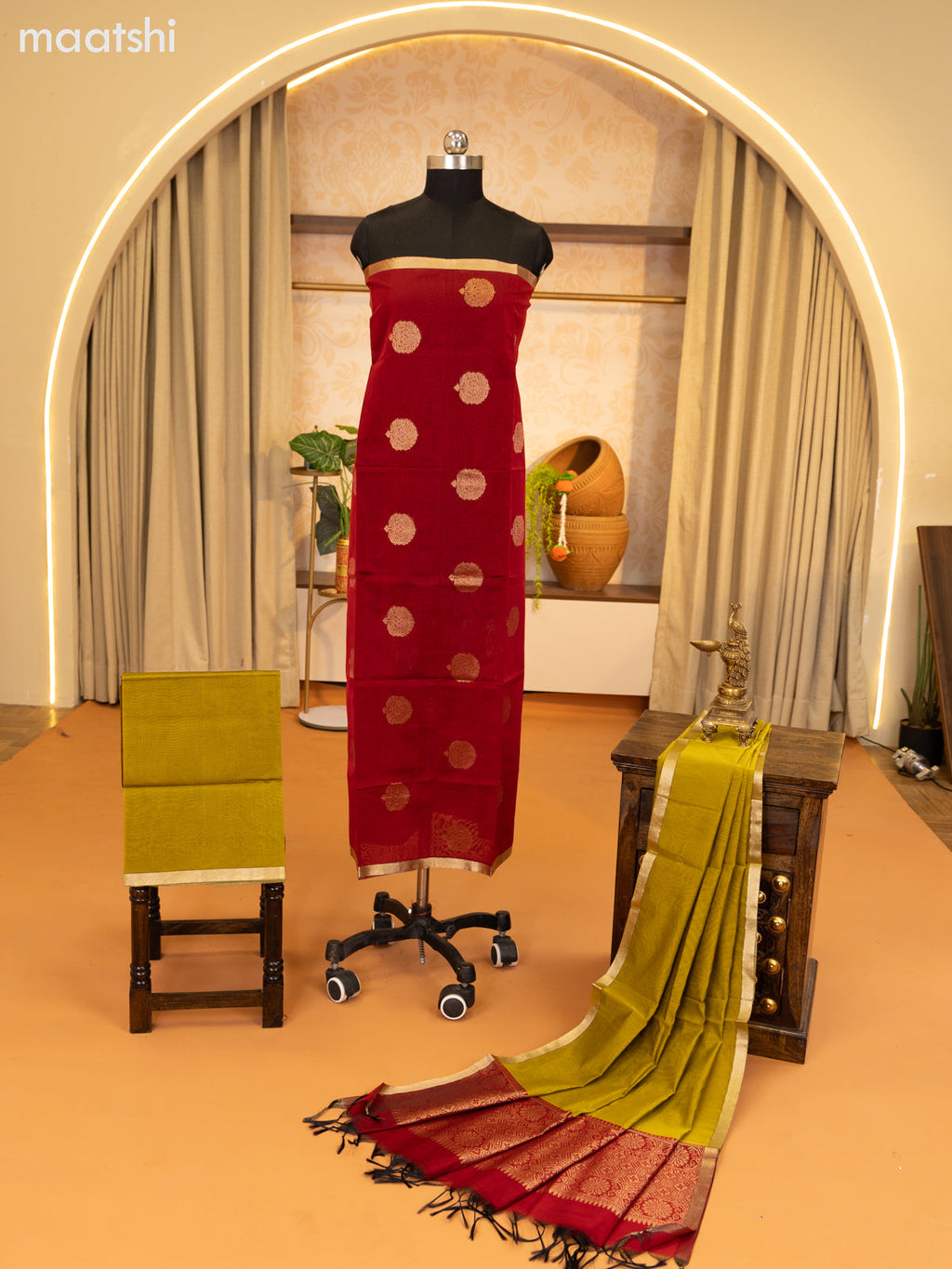 Maroon and Olive Green Semi Silk Cotton Dress Material With Zari Buttas and Bottom & Zari Dupatta
