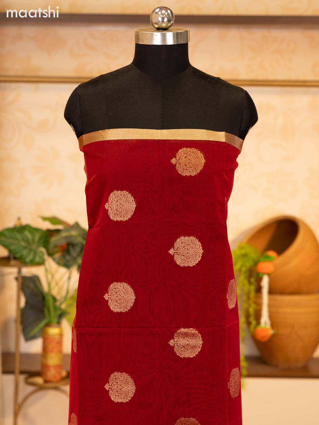 Maroon and Olive Green Semi Silk Cotton Dress Material With Zari Buttas and Bottom & Zari Dupatta
