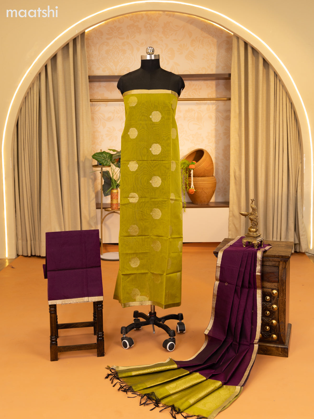 Mehendi Green and Purple Semi Silk Cotton Dress Material With Zari Buttas and Bottom & Zari Dupatta