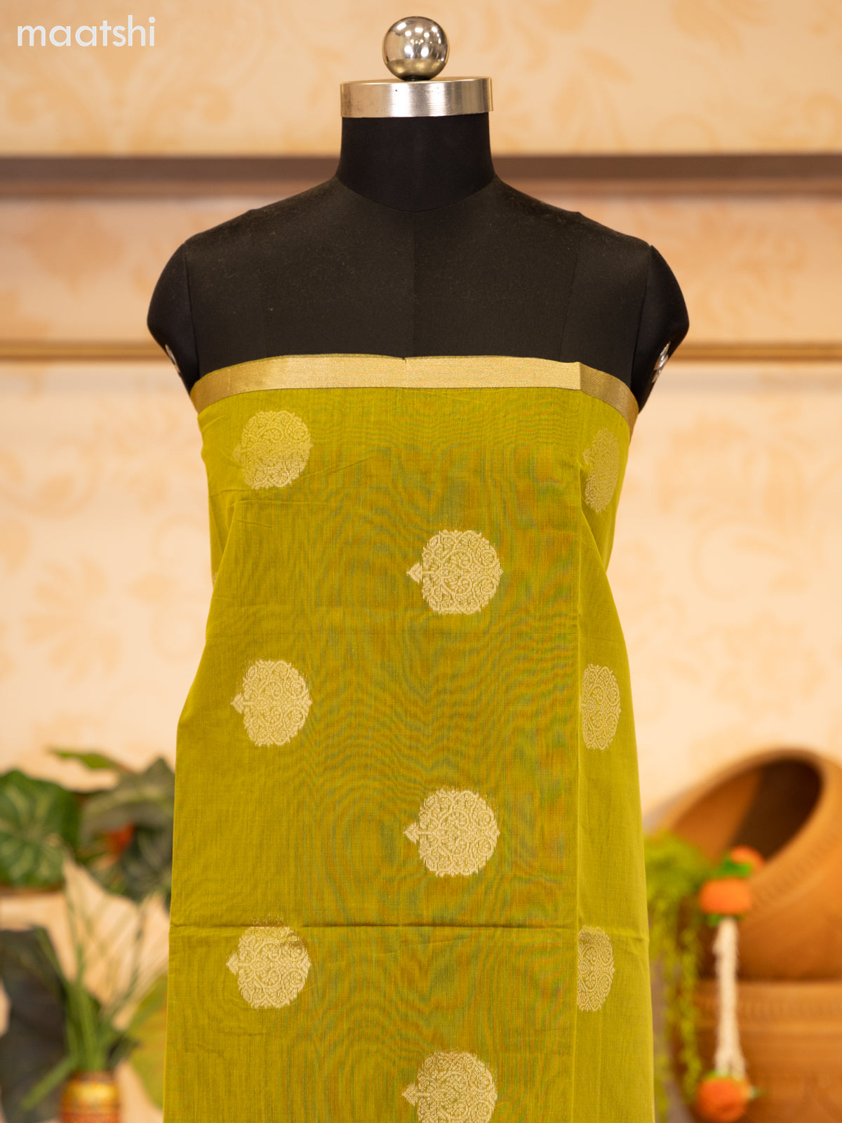 Mehendi Green and Purple Semi Silk Cotton Dress Material With Zari Buttas and Bottom & Zari Dupatta
