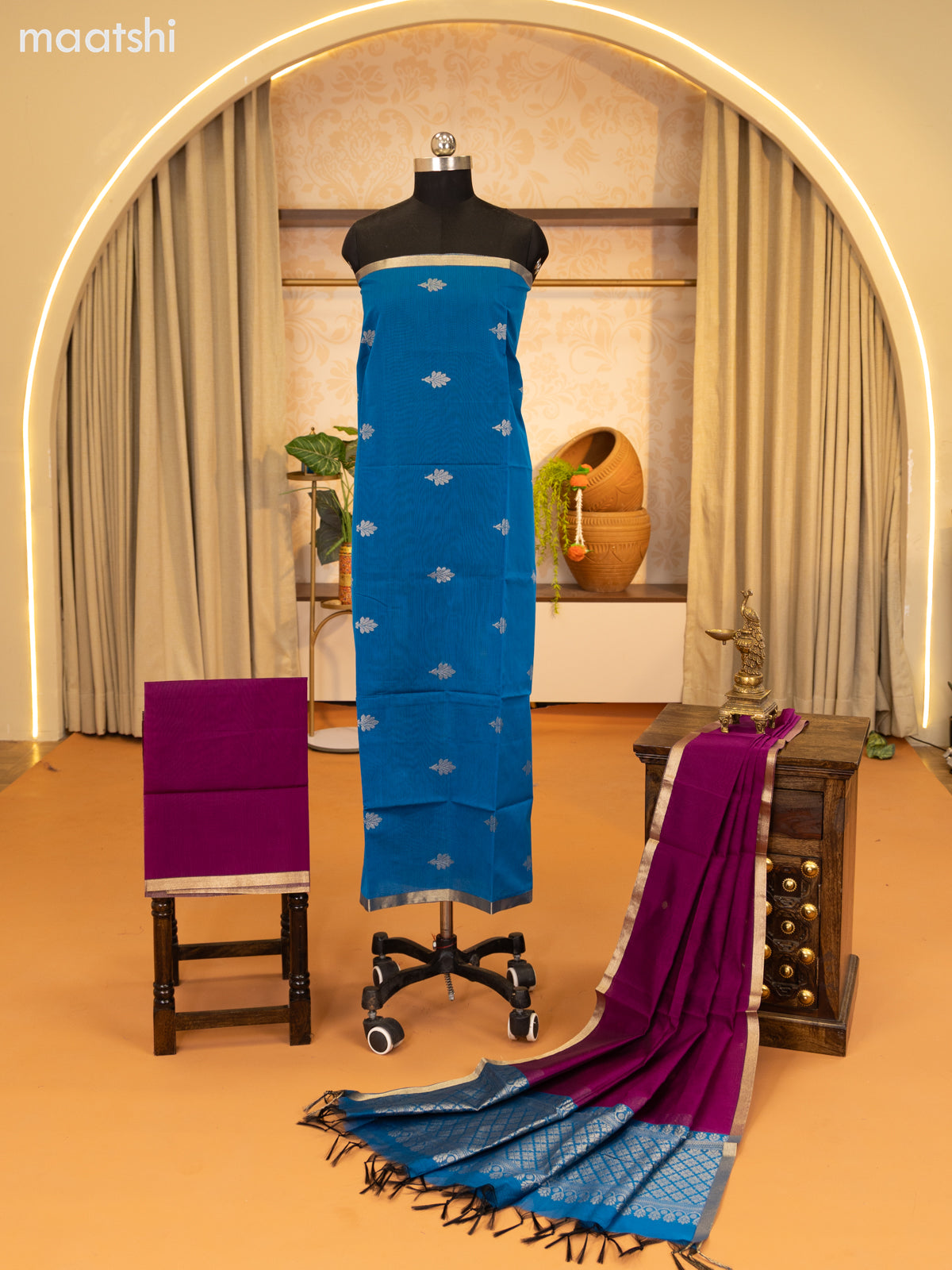 Peacock Blue and Magenta Pink Semi Silk Cotton Dress Material With Zari Buttas and Bottom & Zari Dupatta