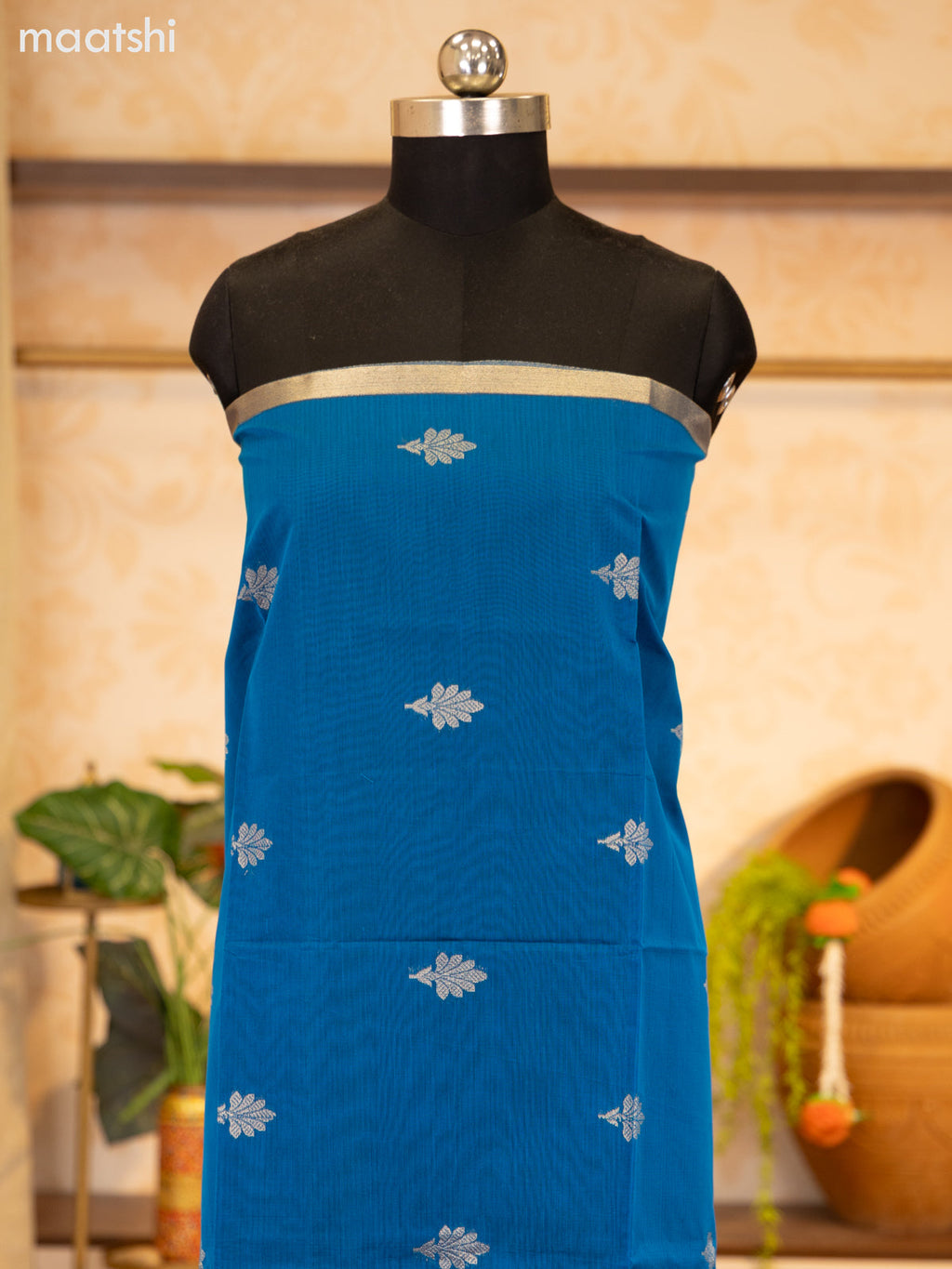 Peacock Blue and Magenta Pink Semi Silk Cotton Dress Material With Zari Buttas and Bottom & Zari Dupatta