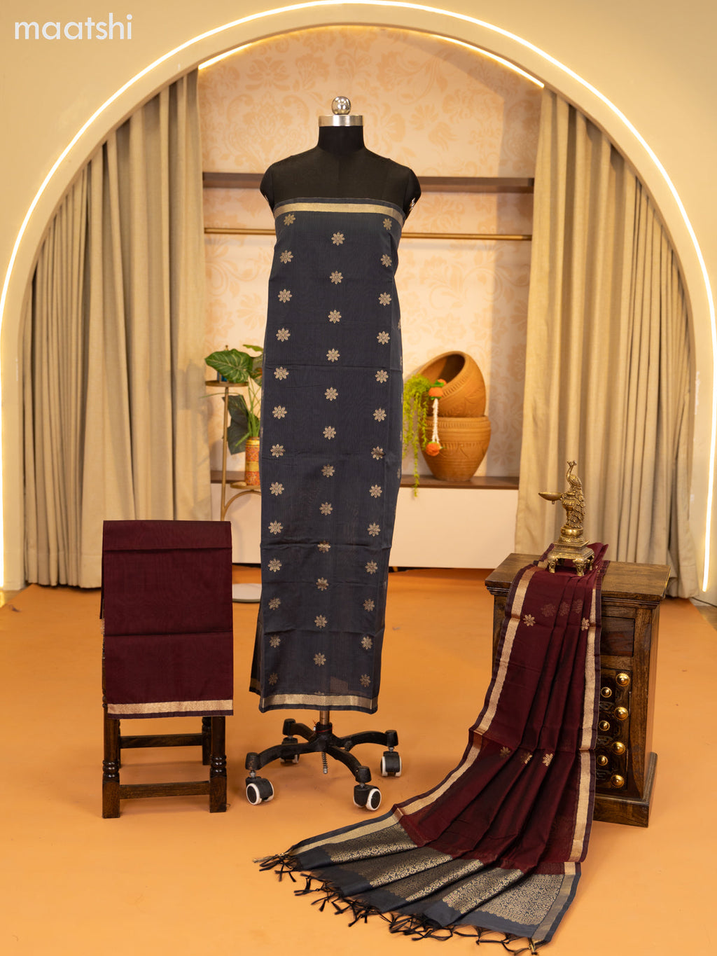 Elephant Grey and Maroon Semi Silk Cotton Dress Material With Zari Buttas and Bottom & Zari Dupatta