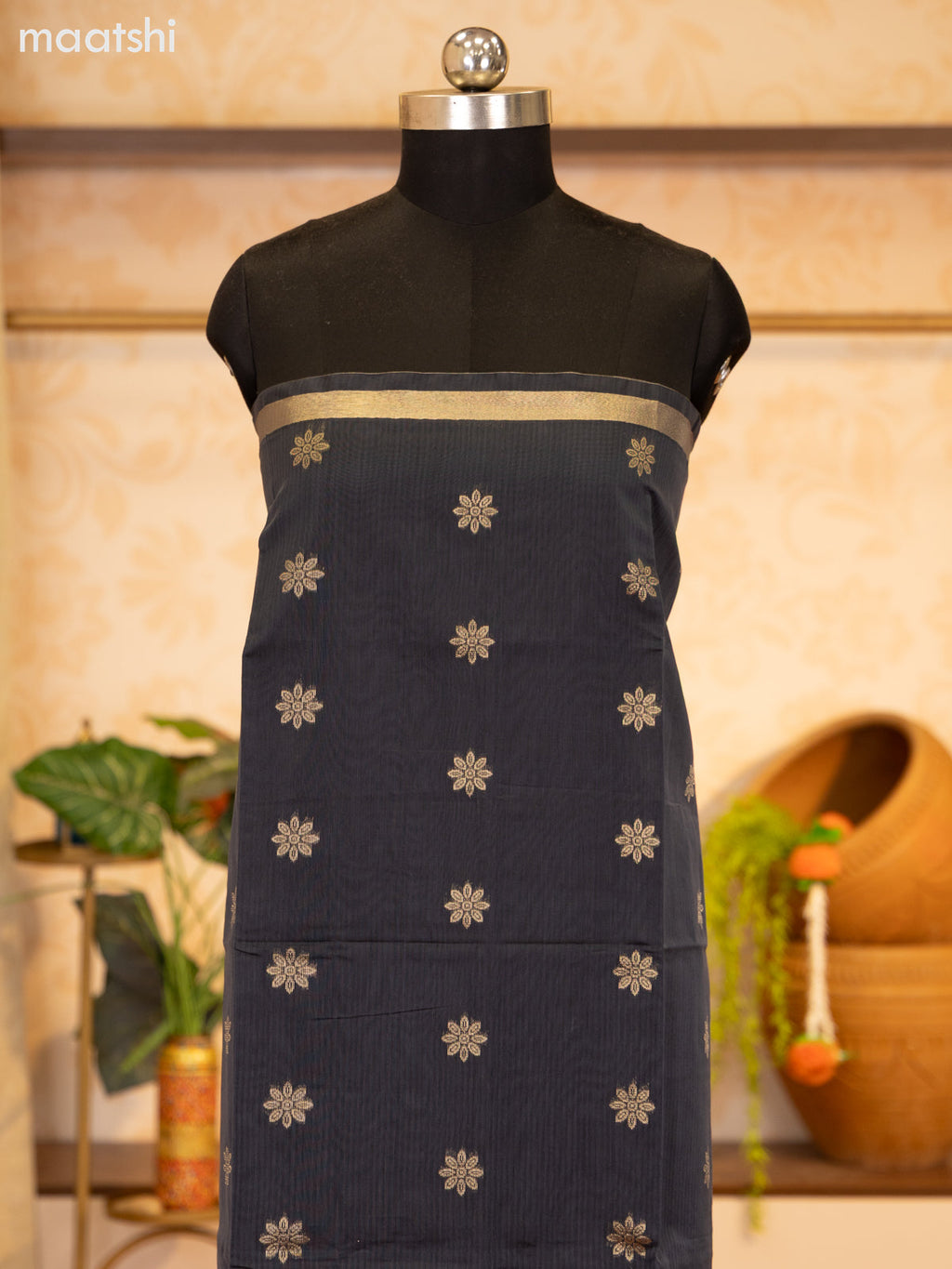 Elephant Grey and Maroon Semi Silk Cotton Dress Material With Zari Buttas and Bottom & Zari Dupatta