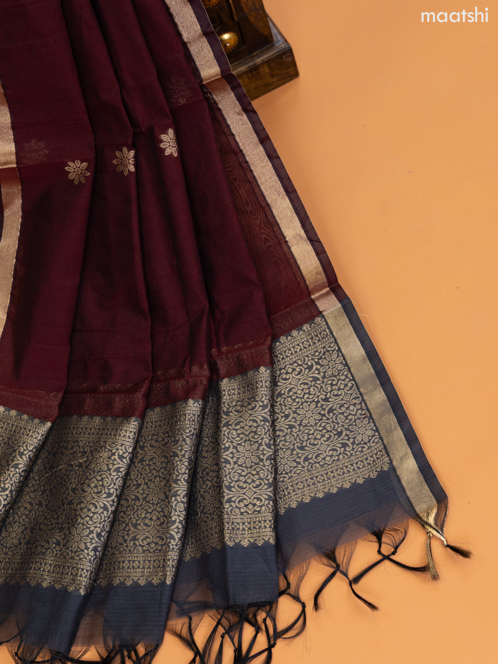 Elephant Grey and Maroon Semi Silk Cotton Dress Material With Zari Buttas and Bottom & Zari Dupatta