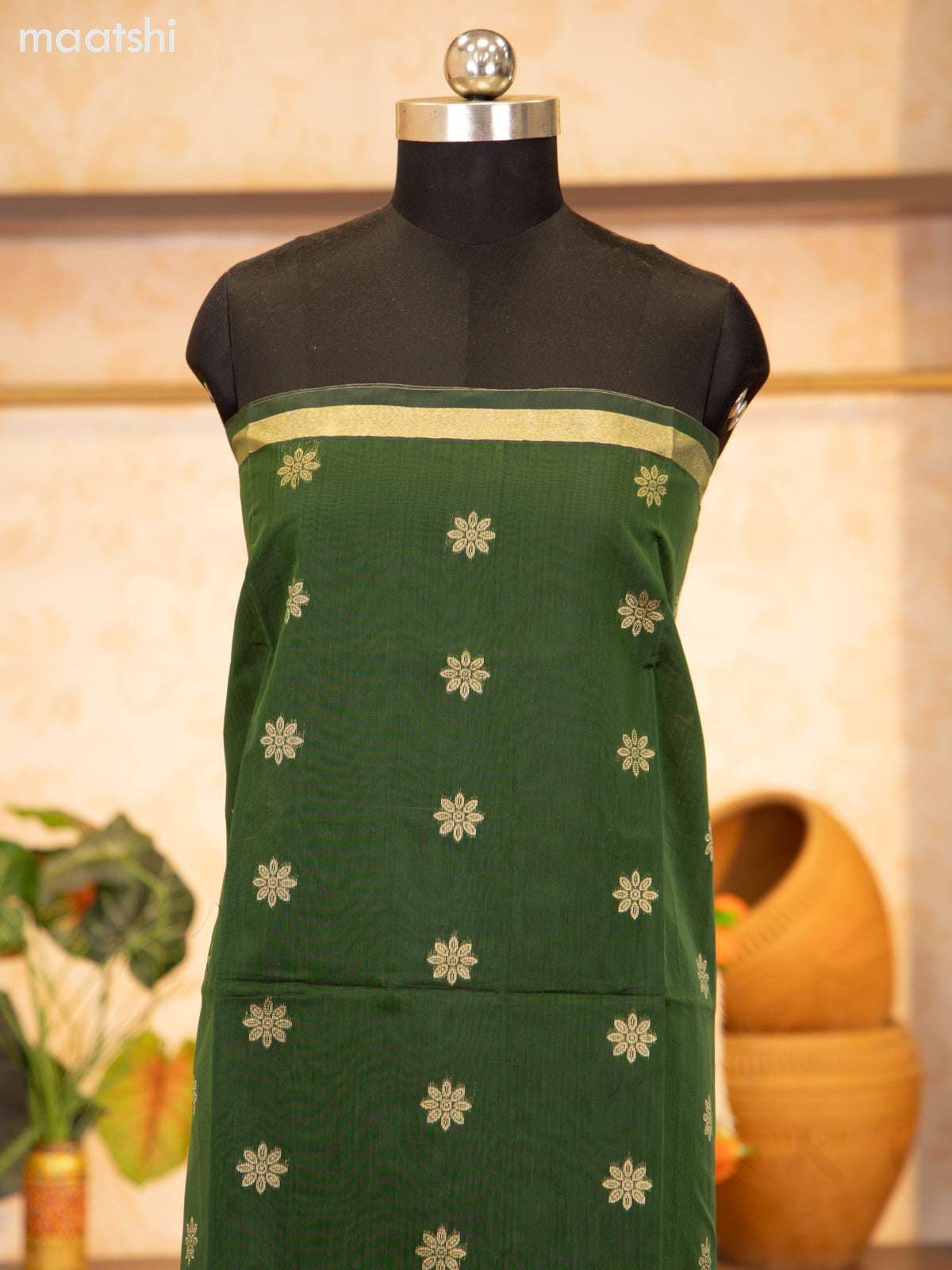 Sap Green and Maroon Semi Silk Cotton Dress Material With Zari Buttas and Bottom & Zari Dupatta