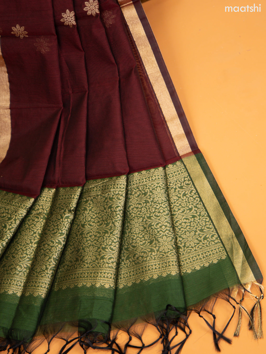 Sap Green and Maroon Semi Silk Cotton Dress Material With Zari Buttas and Bottom & Zari Dupatta