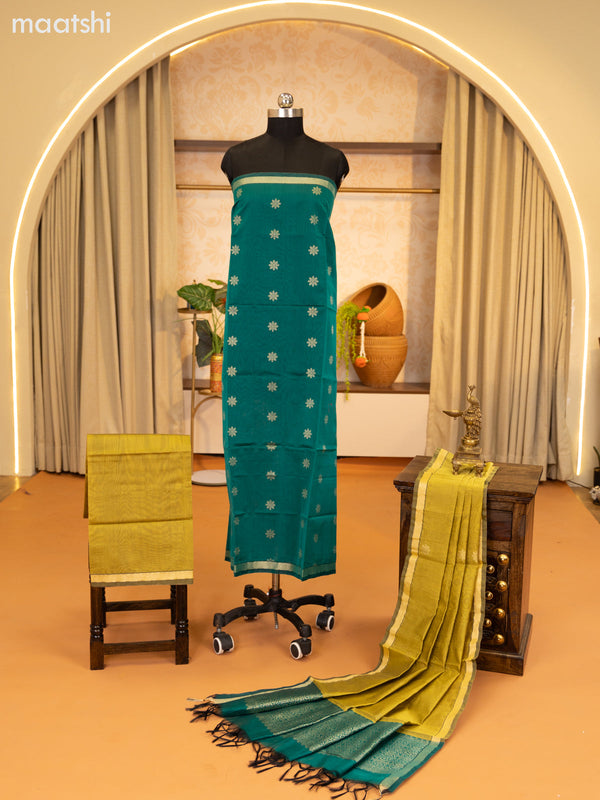 Green and Sandal Semi Silk Cotton Dress Material With Zari Buttas and Bottom & Zari Dupatta