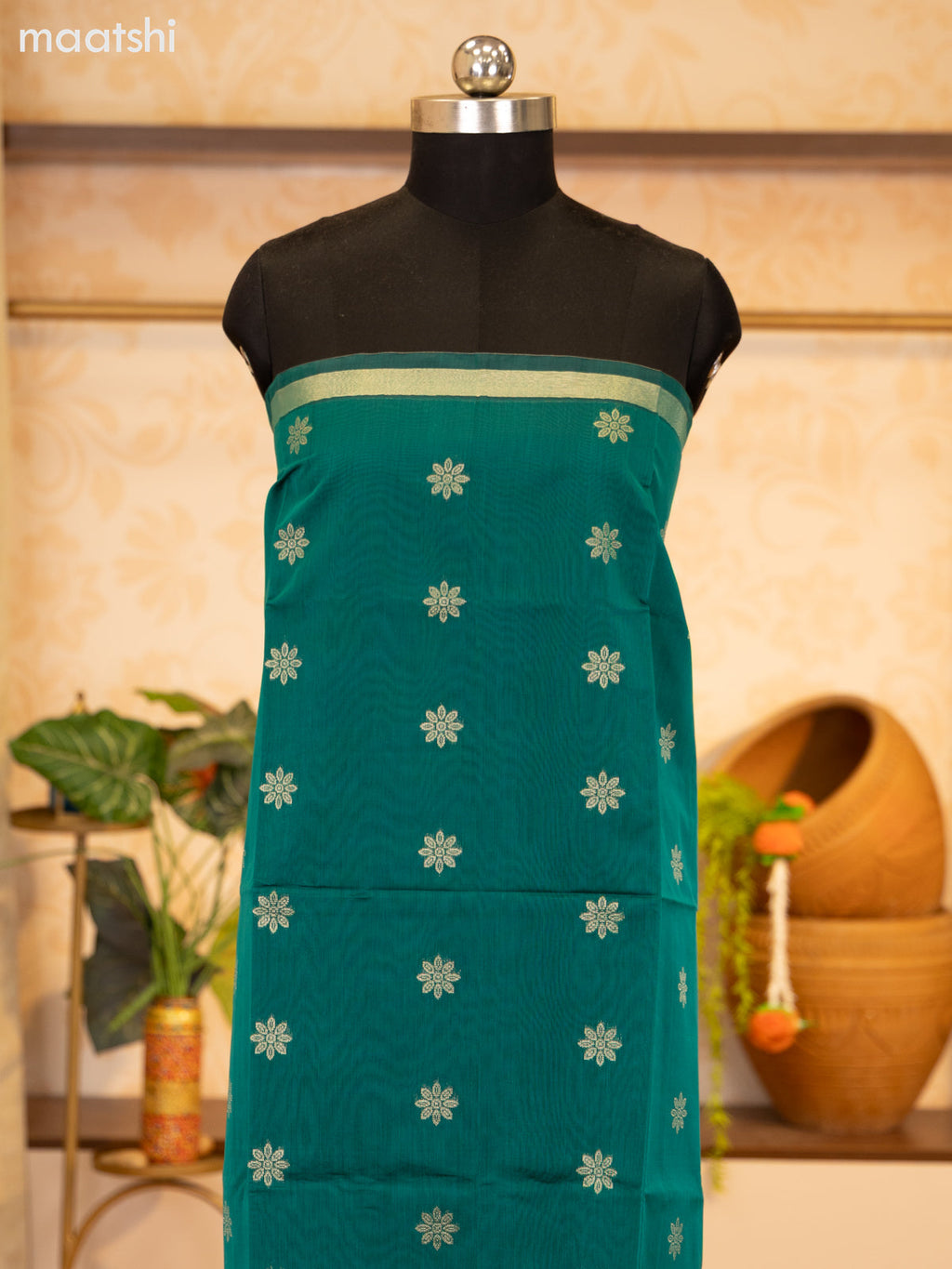 Green and Sandal Semi Silk Cotton Dress Material With Zari Buttas and Bottom & Zari Dupatta