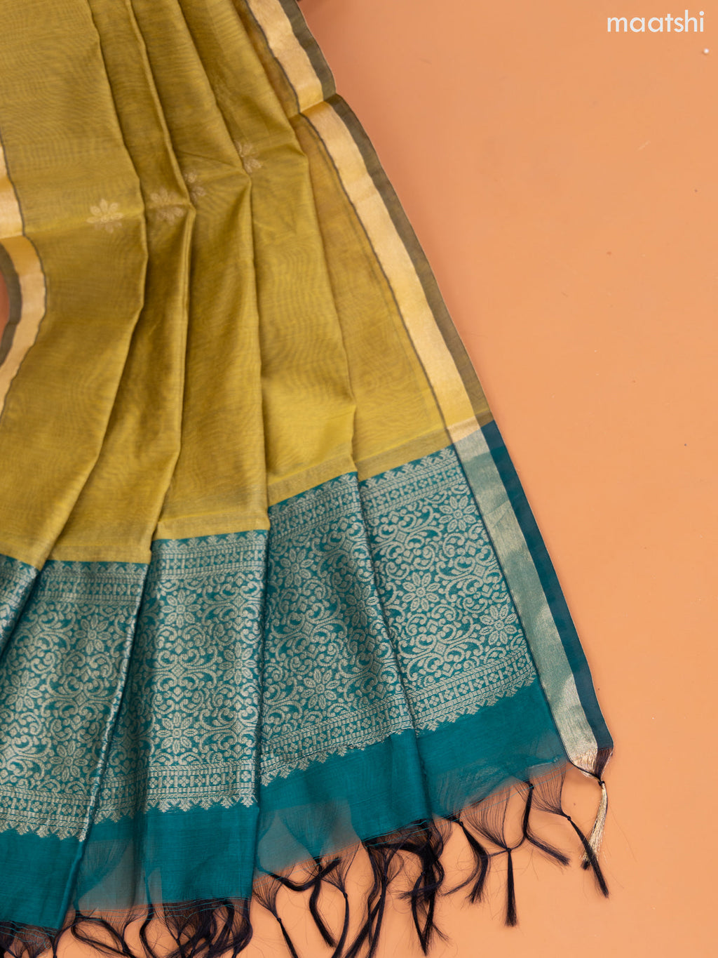 Green and Sandal Semi Silk Cotton Dress Material With Zari Buttas and Bottom & Zari Dupatta