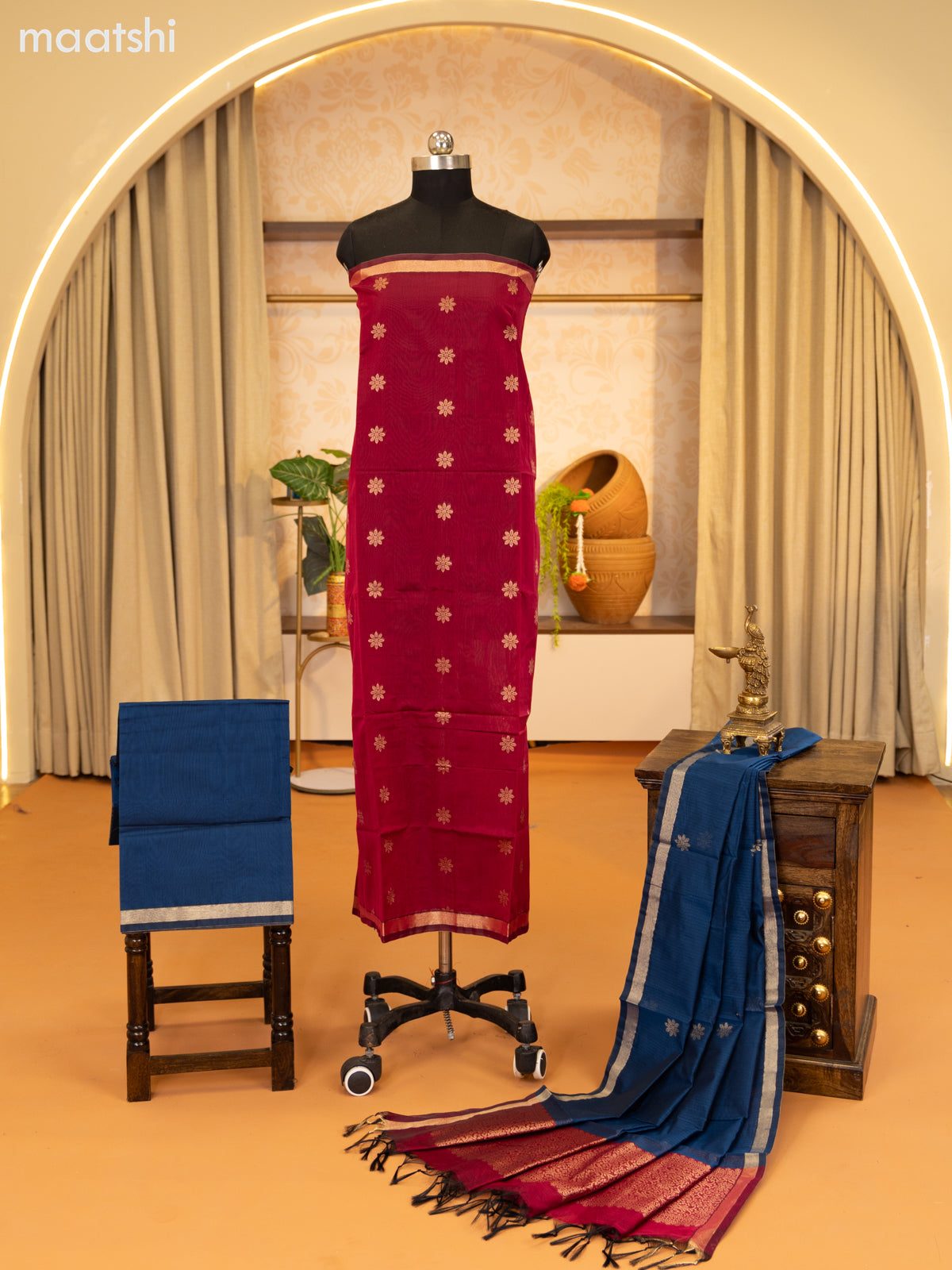 Maroon and Blue Semi Silk Cotton Dress Material With Zari Buttas and Bottom & Zari Dupatta