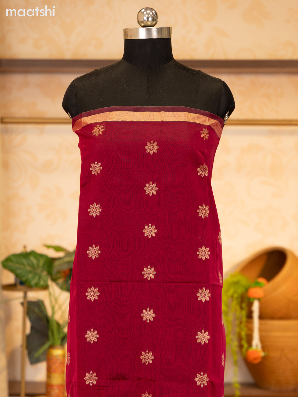Maroon and Blue Semi Silk Cotton Dress Material With Zari Buttas and Bottom & Zari Dupatta