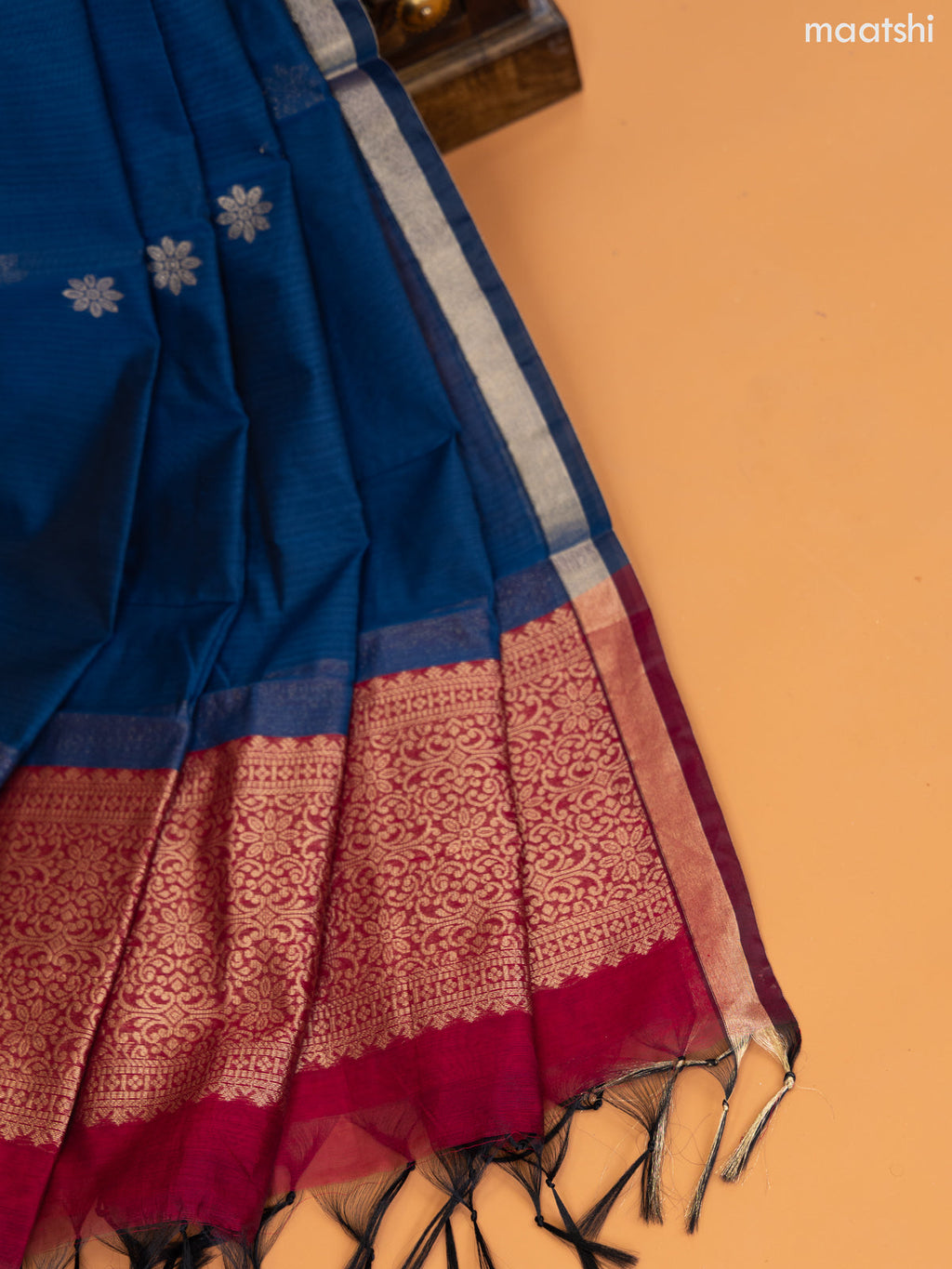 Maroon and Blue Semi Silk Cotton Dress Material With Zari Buttas and Bottom & Zari Dupatta