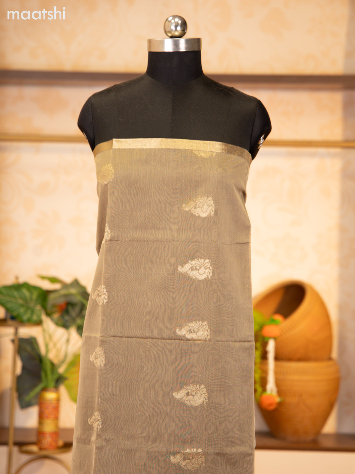 Biege and Green Semi Silk Cotton Dress Material With Zari Buttas and Bottom & Zari Dupatta