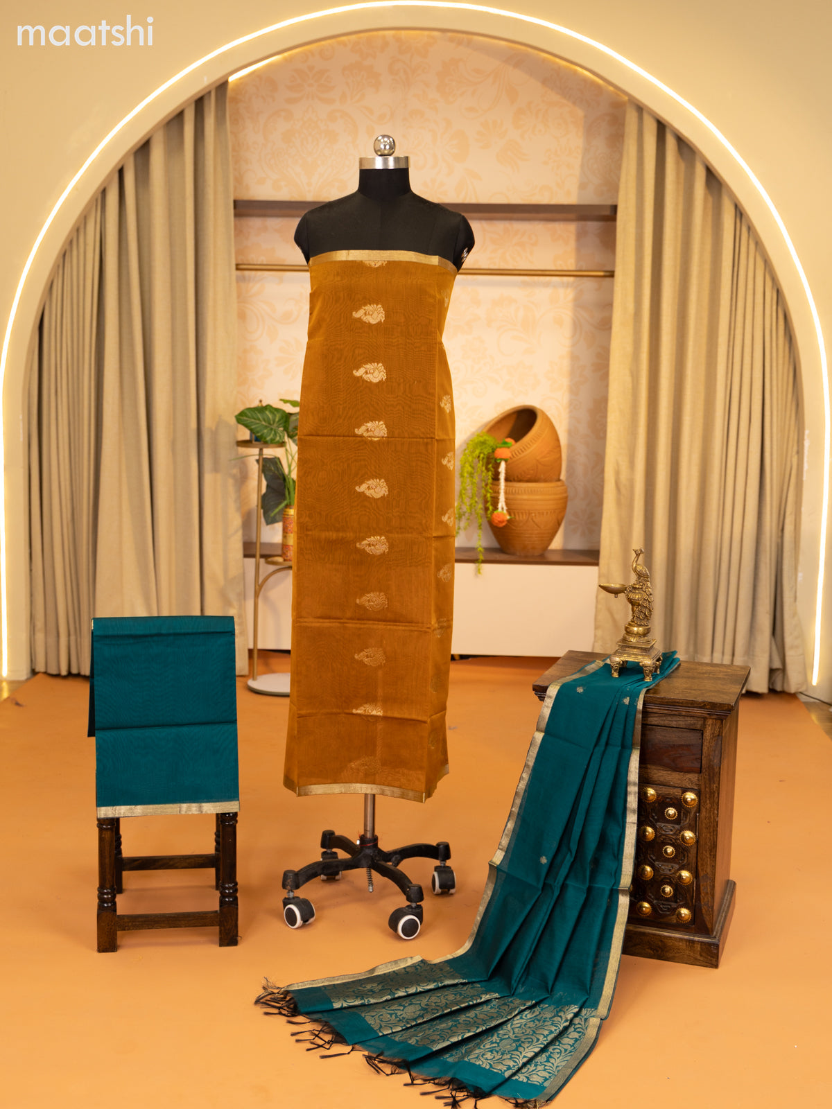 Mustard Yellow and Peacock Green Semi Silk Cotton Dress Material With Zari Buttas and Bottom & Zari Dupatta