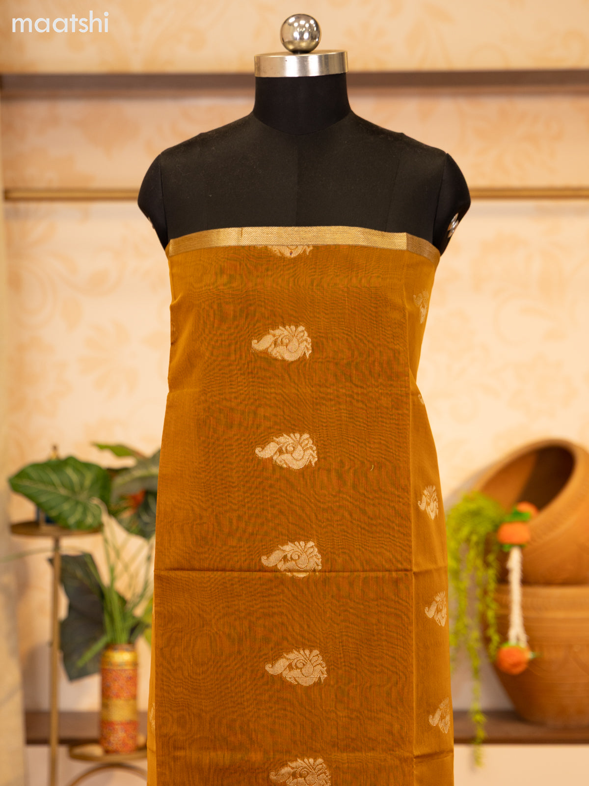 Mustard Yellow and Peacock Green Semi Silk Cotton Dress Material With Zari Buttas and Bottom & Zari Dupatta