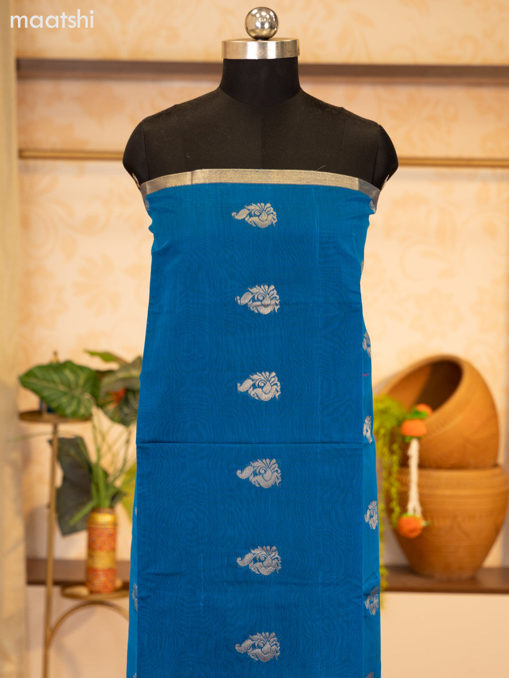 Peacock Blue and Magenta Pink Semi Silk Cotton Dress Material With Zari Buttas and Bottom & Zari Dupatta